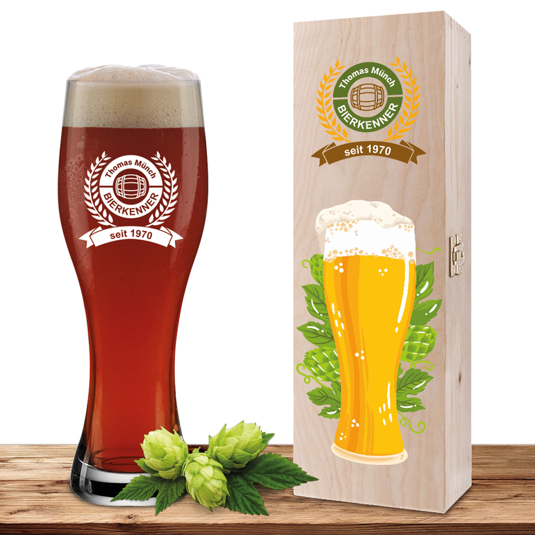 Produktbild von Personalisiertes Weizenglas-Holzkiste-Set mit Gravur und Bedruckung "Bierkenner"