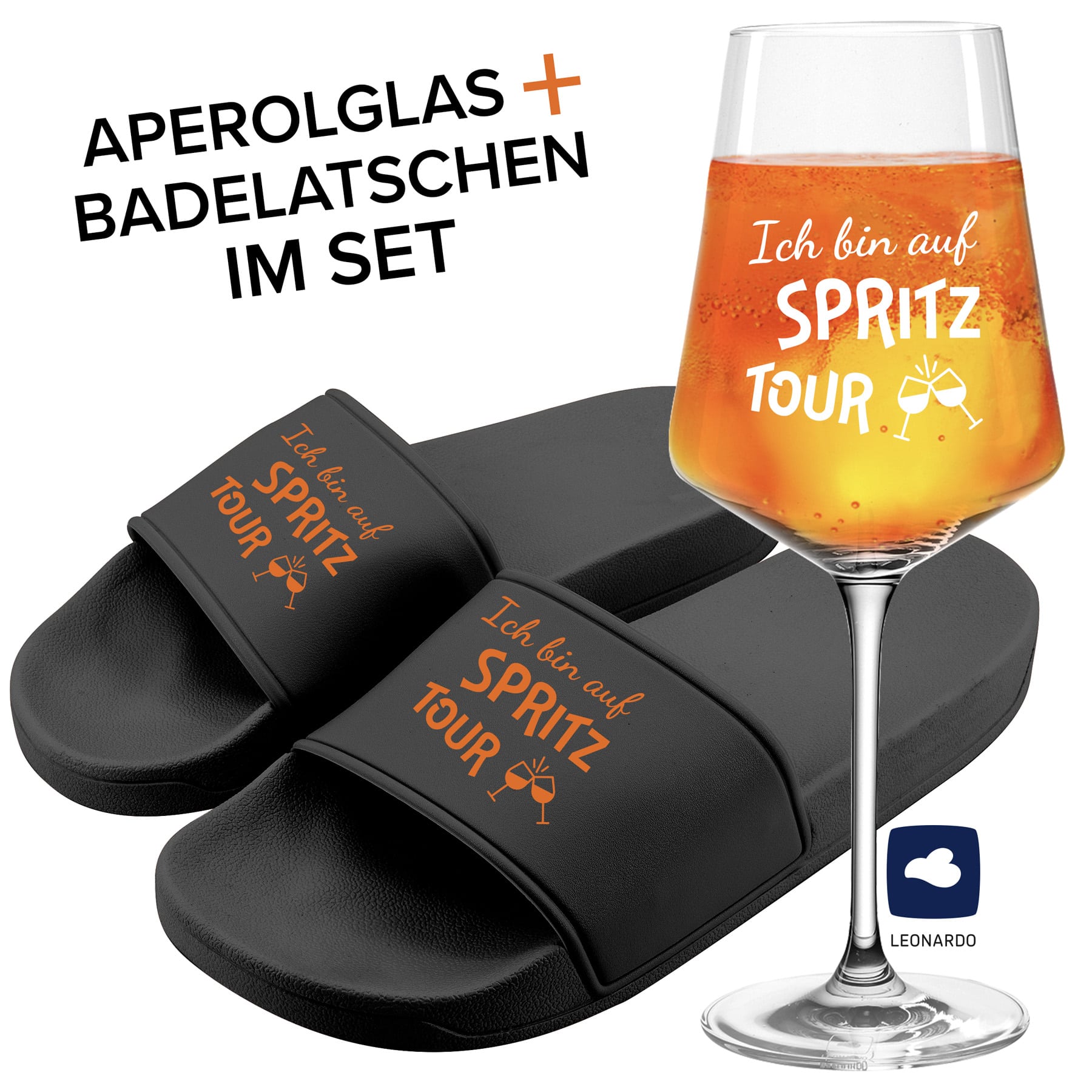 Produktbild von Badelatschen und Leonardo Aperolglas PUCCINI 560ml "Auf Spritz Tour"
