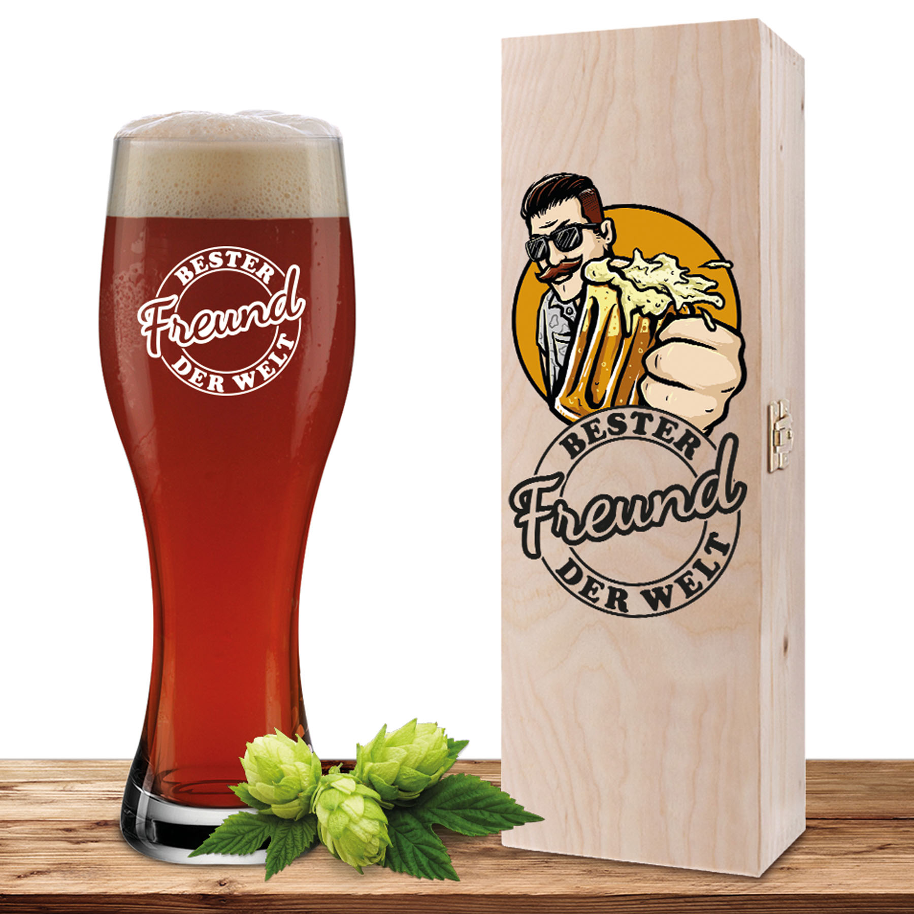 Produktbild von Weizenglas-Holzkiste-Set mit Gravur und Bedruckung "Siegel Freund"