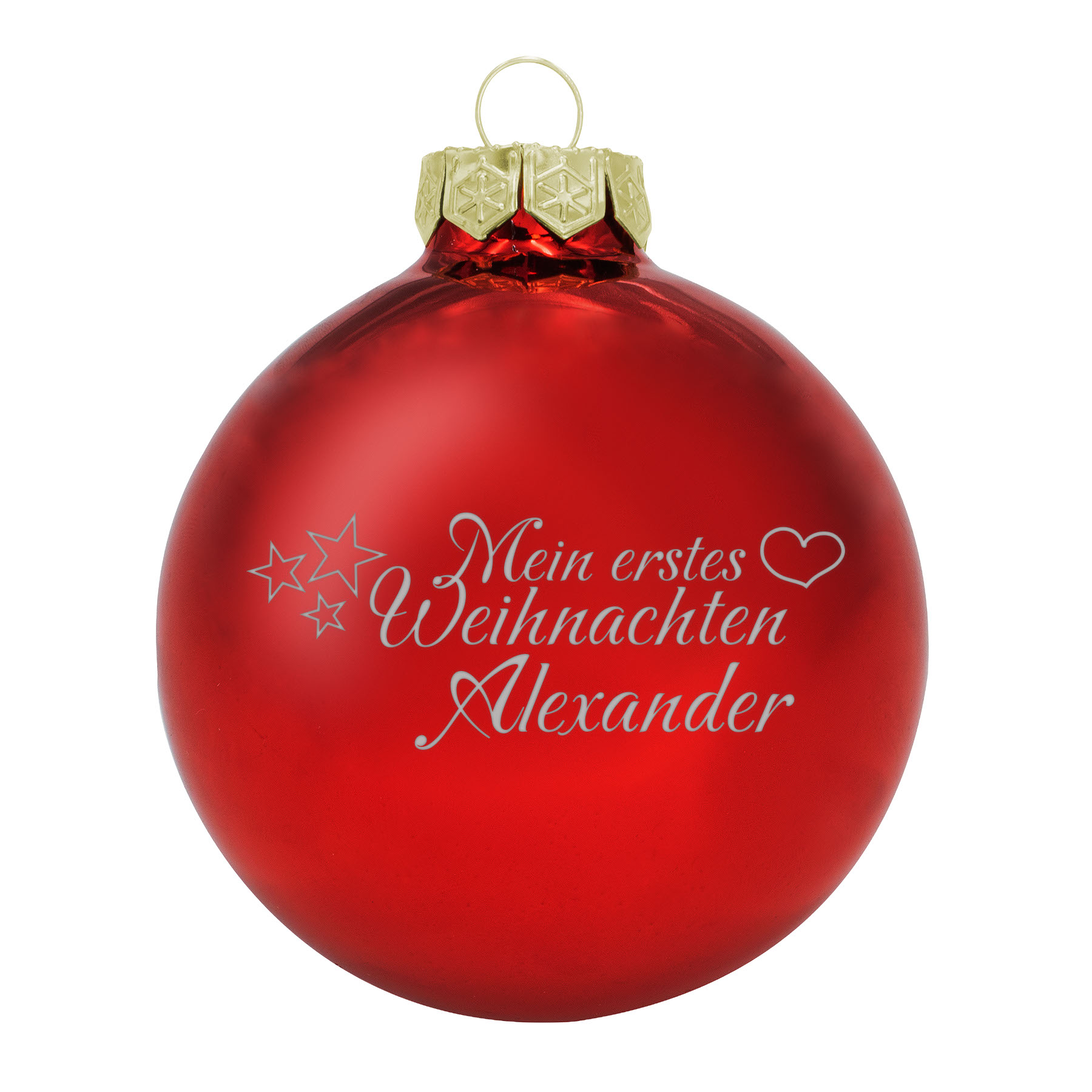 Produktbild von Weihnachtsbaumkugel aus Glas (glänzend) inklusive Wunschtextgravur & Mein erstes Weihnachten mit Herz