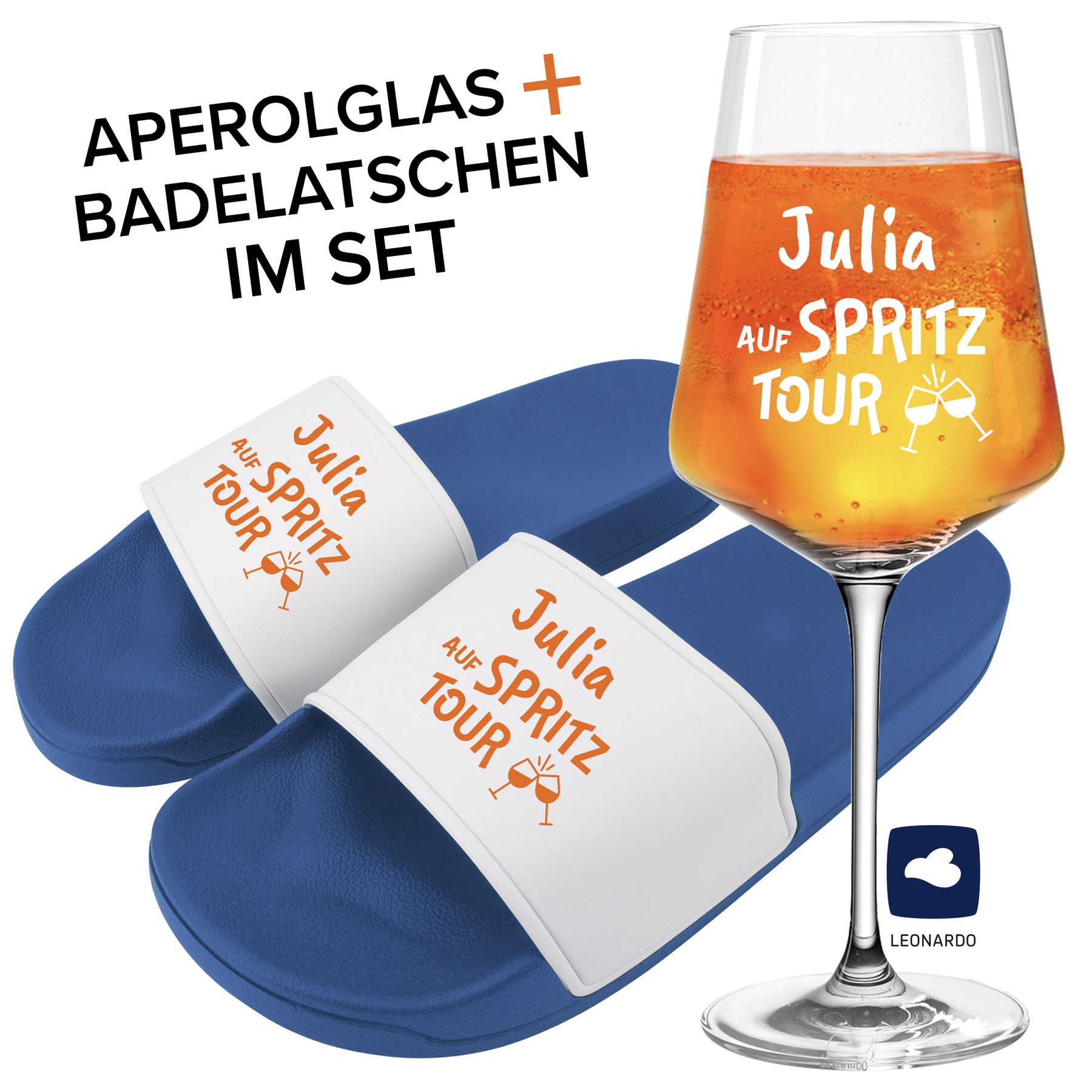 Produktbild von Badelatschen und Leonardo Aperolglas PUCCINI 560ml "Auf Spritz Tour" mit Namen oder Wunschtext