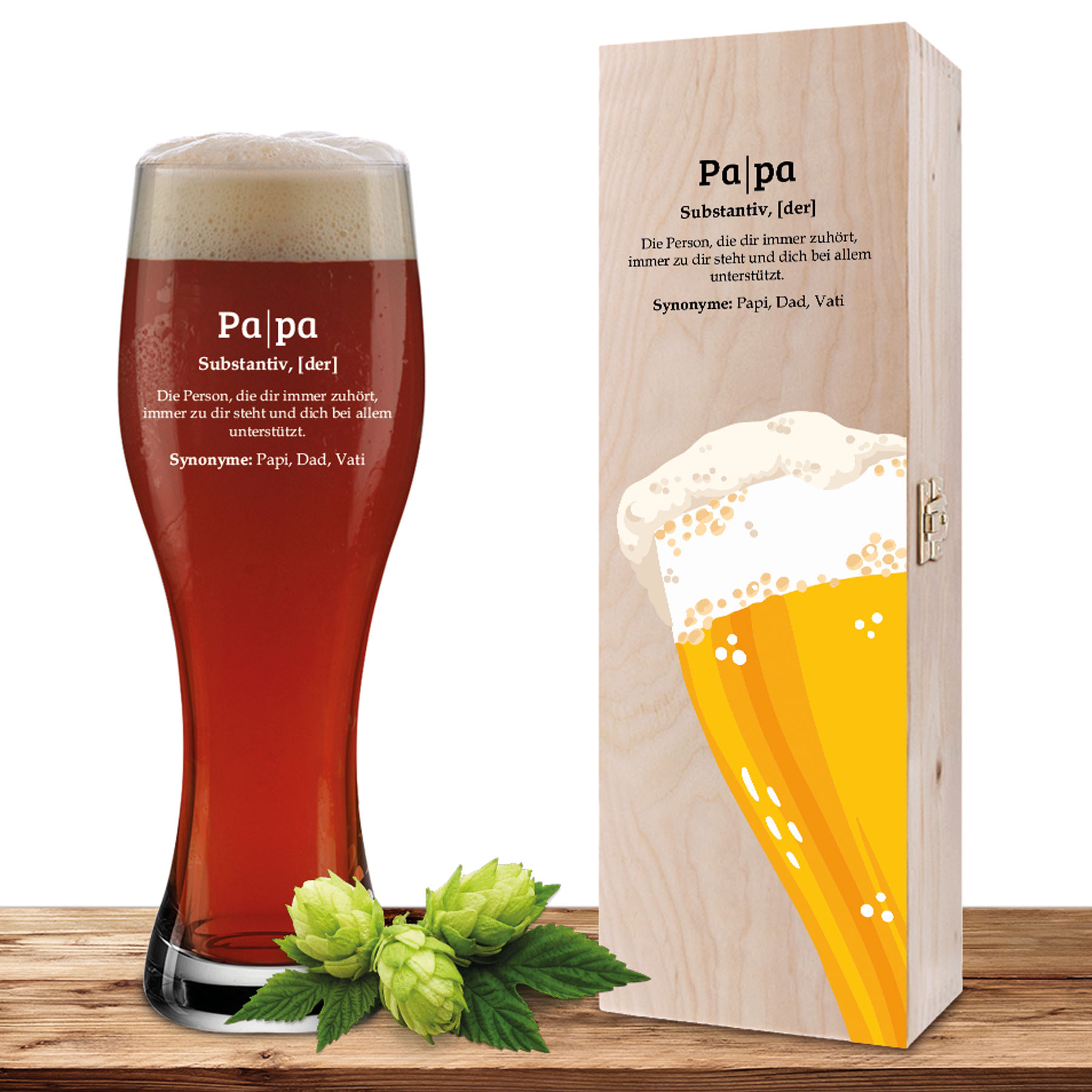Produktbild von Weizenglas-Holzkiste-Set mit Gravur und Bedruckung "Papa Bier"