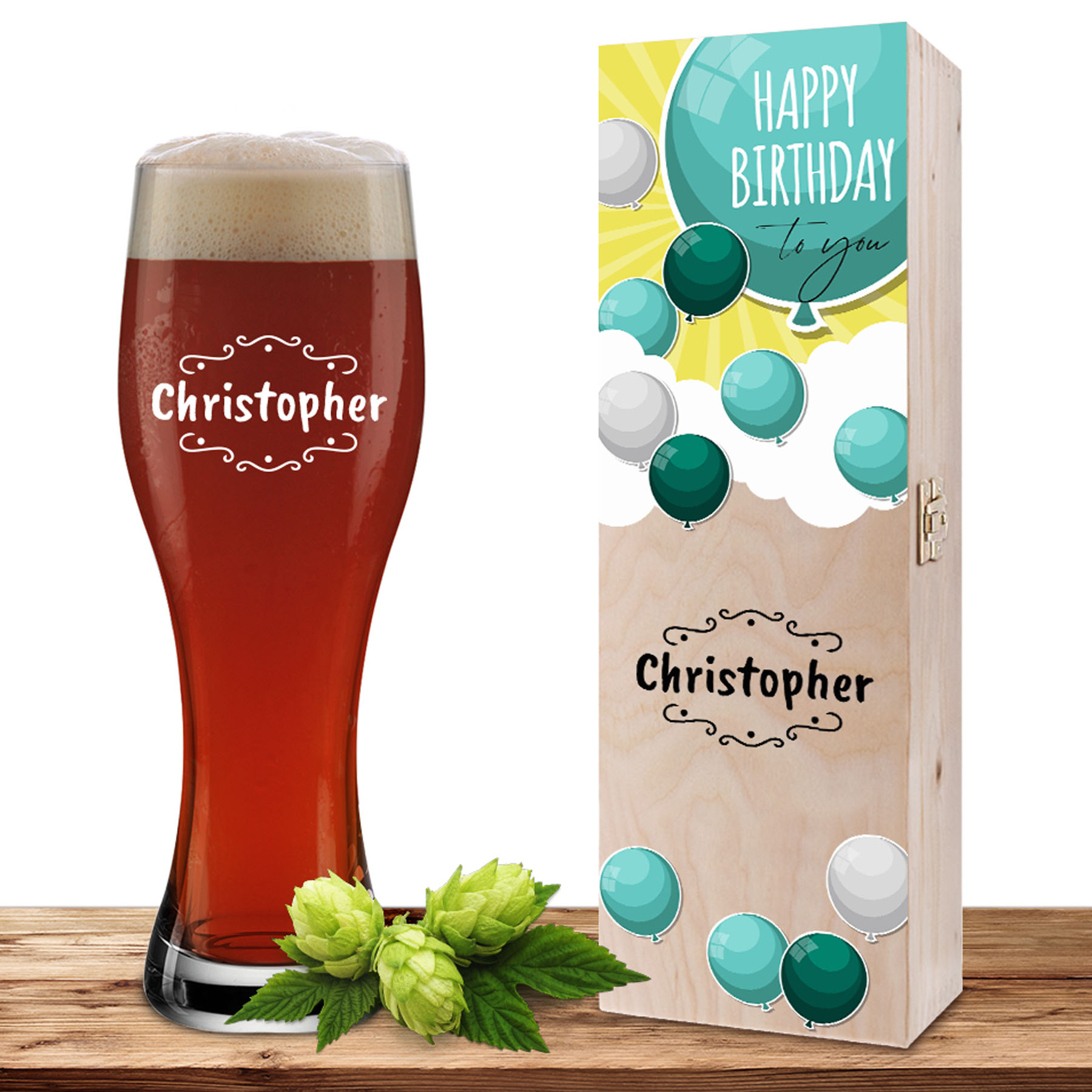 Produktbild von Personalisiertes Weizenglas-Holzkiste-Set mit Gravur und Bedruckung "Ballons Verzierung 02"