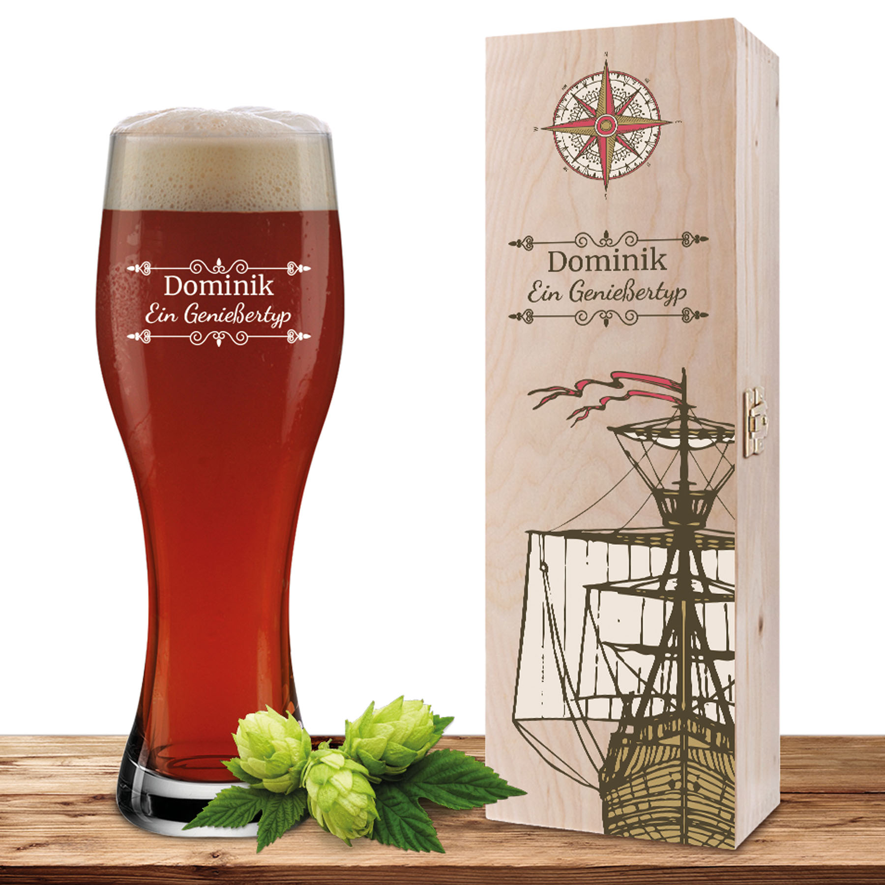 Produktbild von Personalisiertes Weizenglas-Holzkiste-Set mit Gravur und Bedruckung Maritim "Verzierung 01"