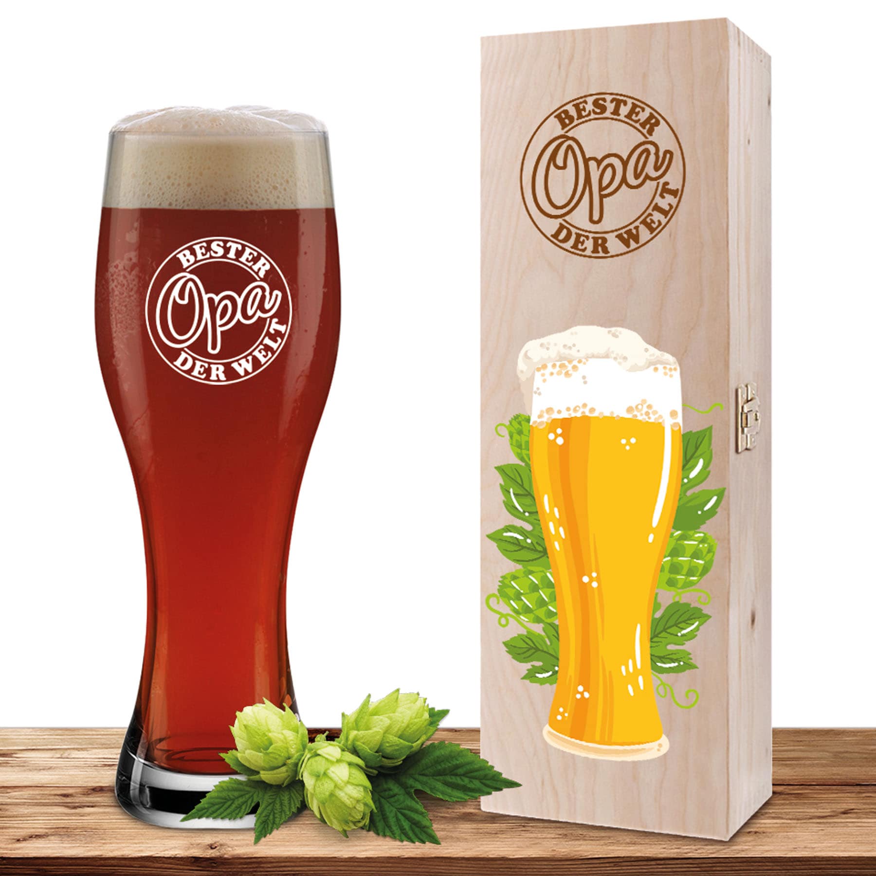 Produktbild von Weizenglas-Holzkiste-Set mit Gravur und Bedruckung "Siegel Opa mit Bier"