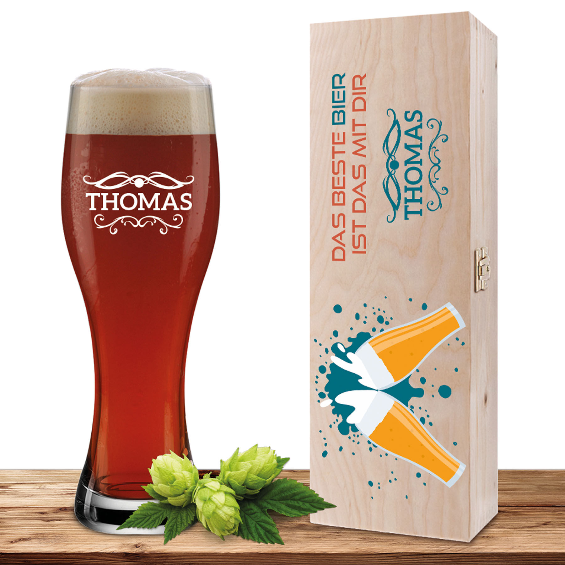 Produktbild von Personalisiertes Weizenglas-Holzkiste-Set mit Gravur und Bedruckung "Beste Bier mit Dir"