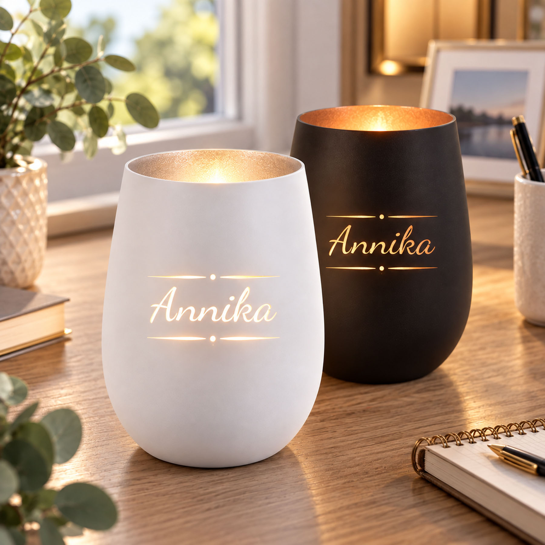 Produktbild von Personalisiertes Windlichtglas mit Verziehrung03 und individueller Gravur