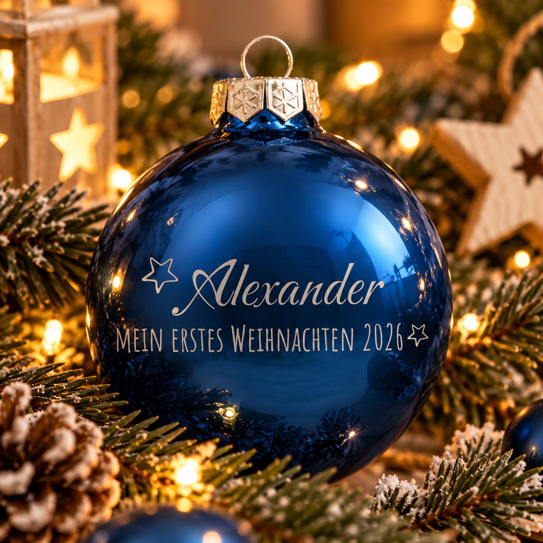 Produktbild von Weihnachtsbaumkugel aus Glas (glänzend) inklusive Wunschtextgravur & Mein erstes Weihnachten mit Stern