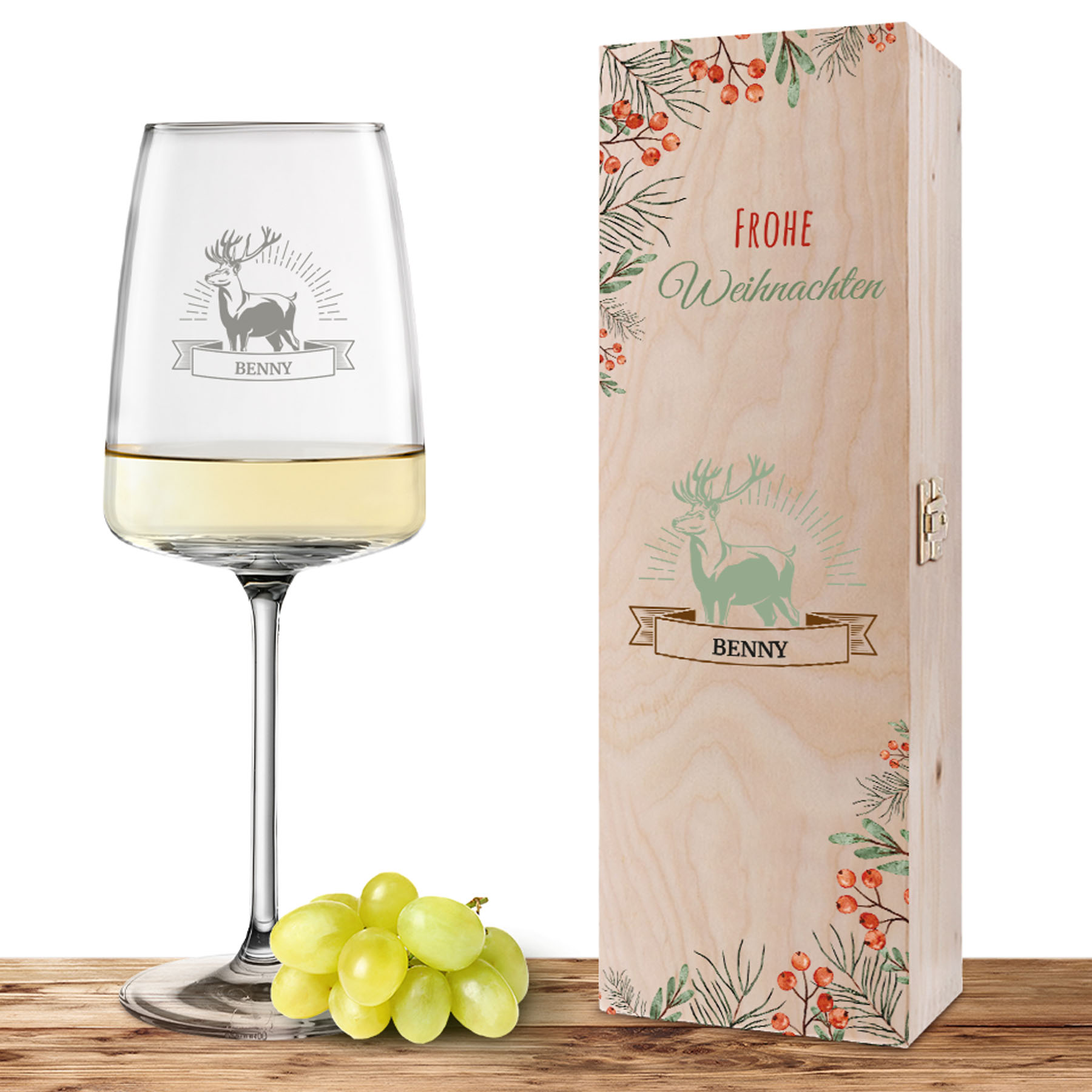 Produktbild von Personalisiertes Weinglas-Holzkiste-Set mit Gravur und Bedruckung "Hirsch"