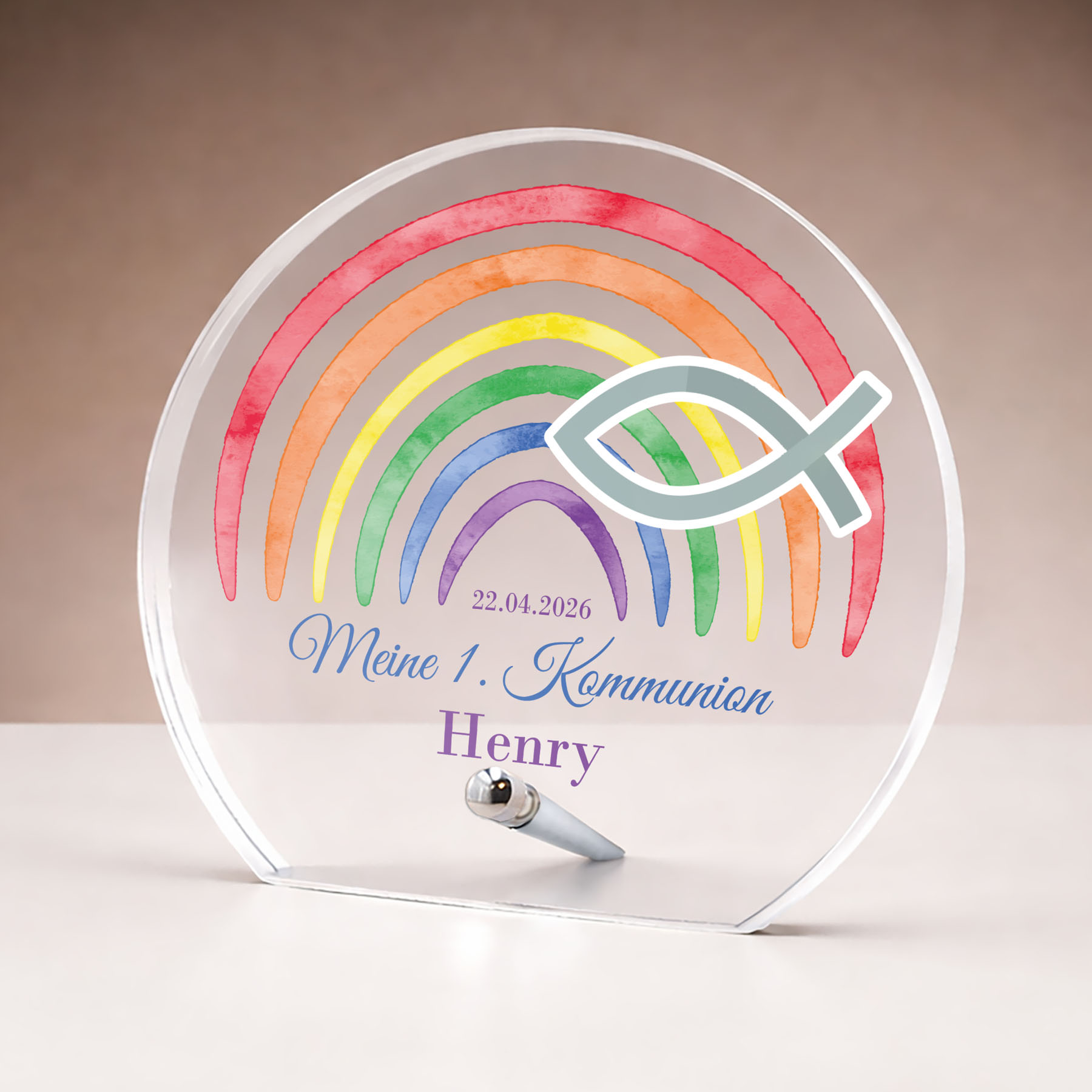 Produktbild von Glastrophäe „Kommunion mit Regenbogen“