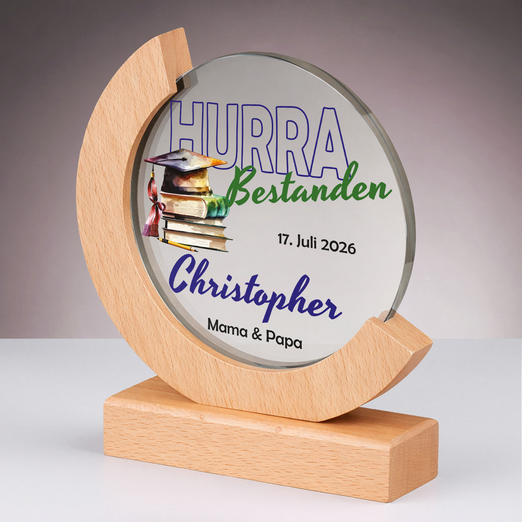 Produktbild von Glastrophäe „Hurra, bestanden!“ (Buche)