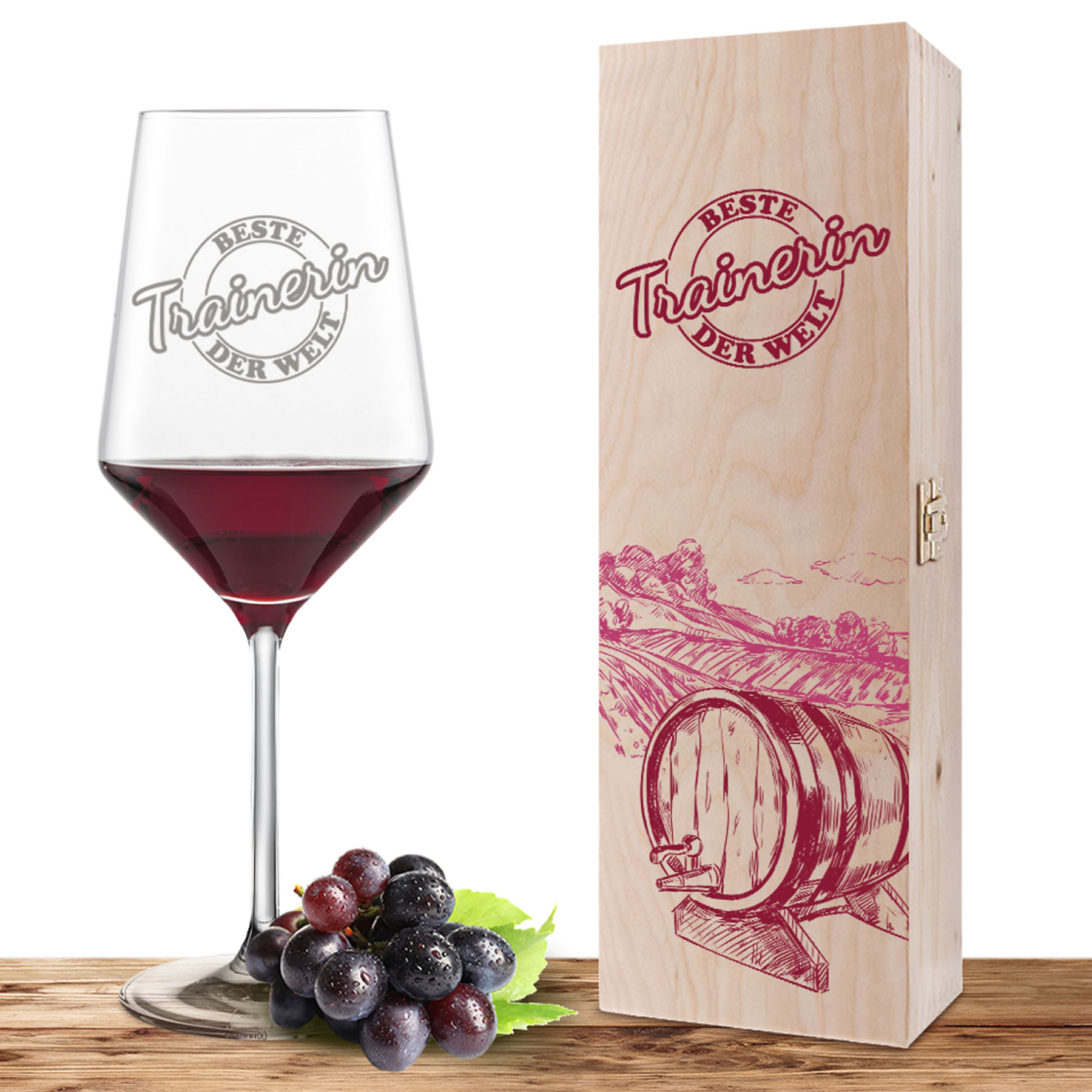 Produktbild von Weinglas-Holzkiste-Set Cabernet mit Gravur und Bedruckung "Beste Trainerin"