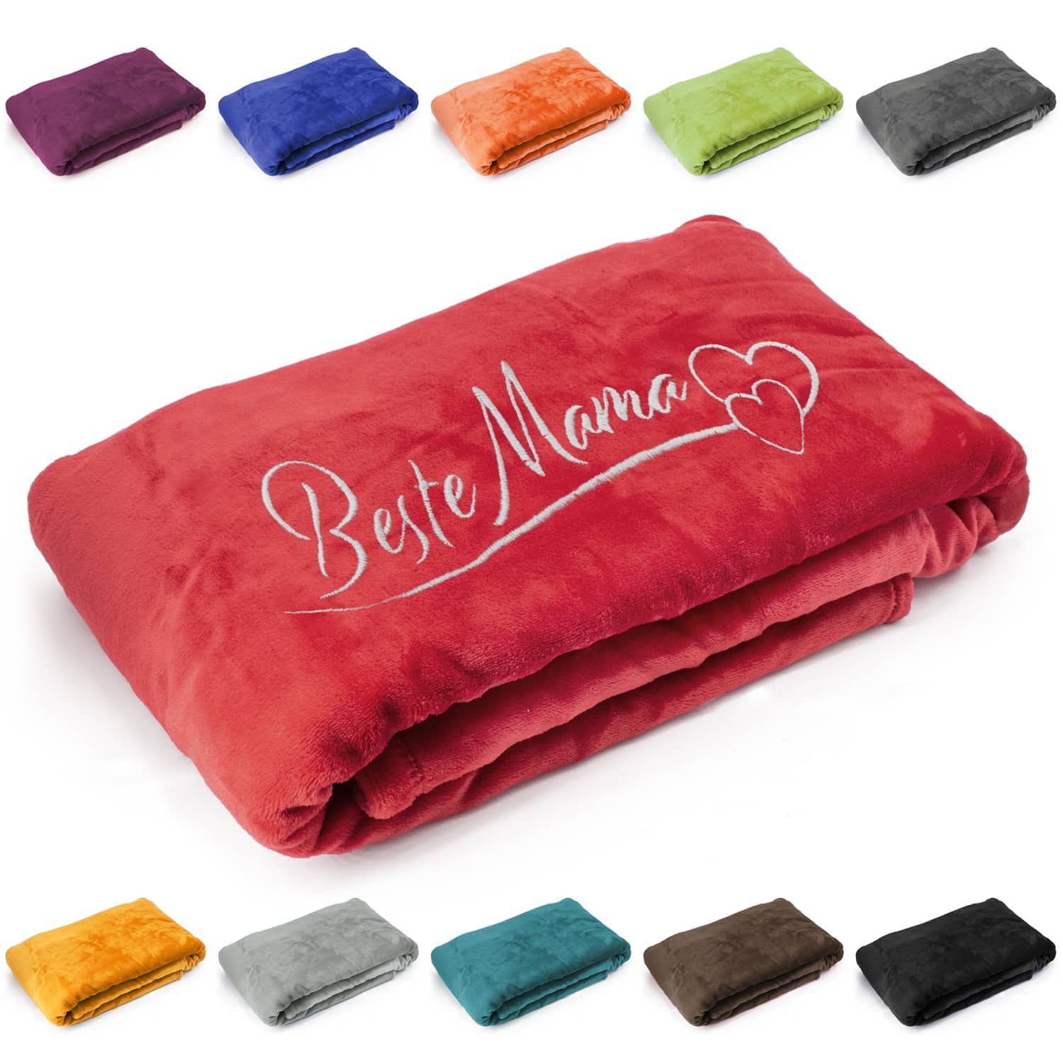 Produktbild von Kuscheldecke "Beste Mama" mit Herzen in verschiedenen Farben