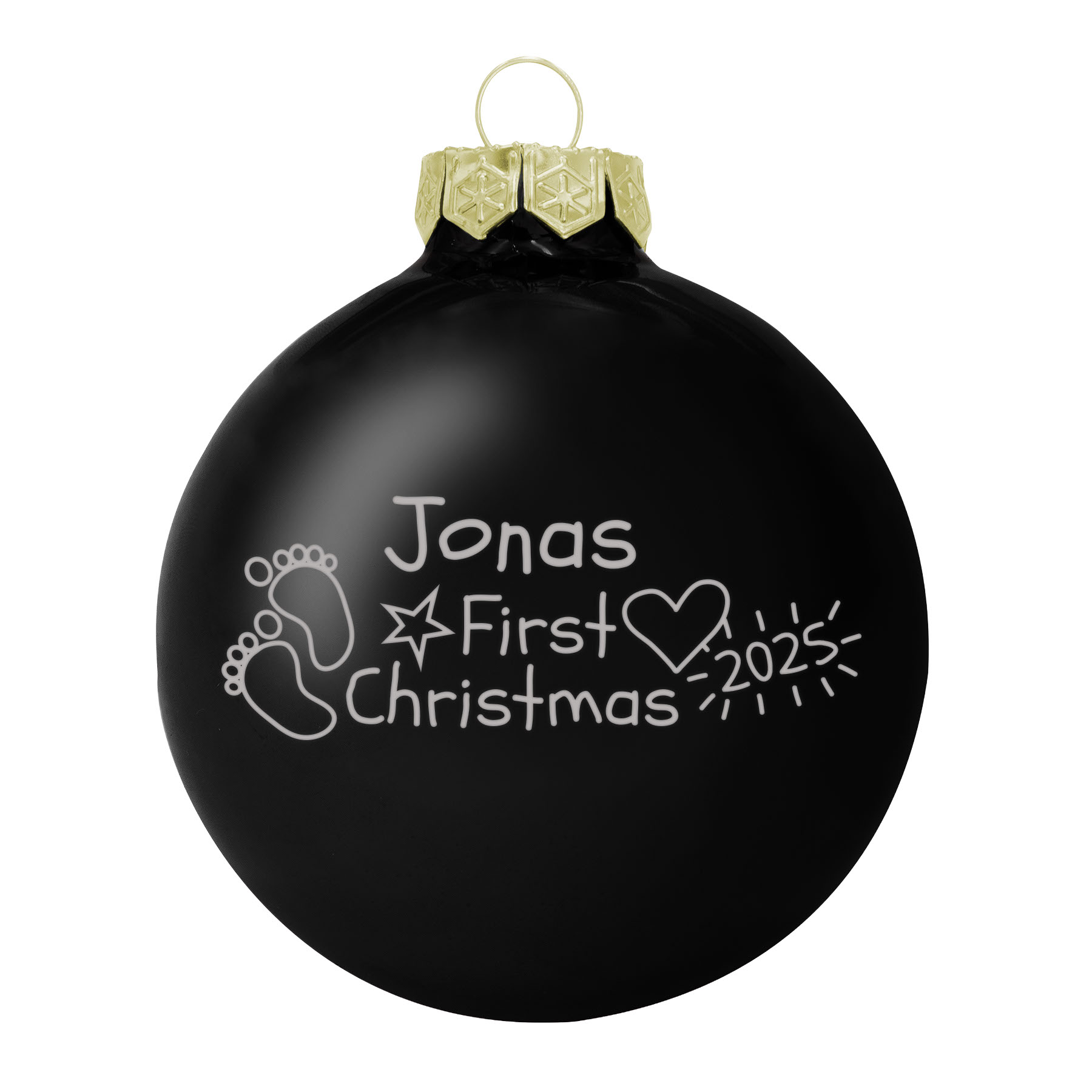 Produktbild von Weihnachtsbaumkugel aus Glas (glänzend) inklusive Wunschtextgravur & Baby`s First Christmas