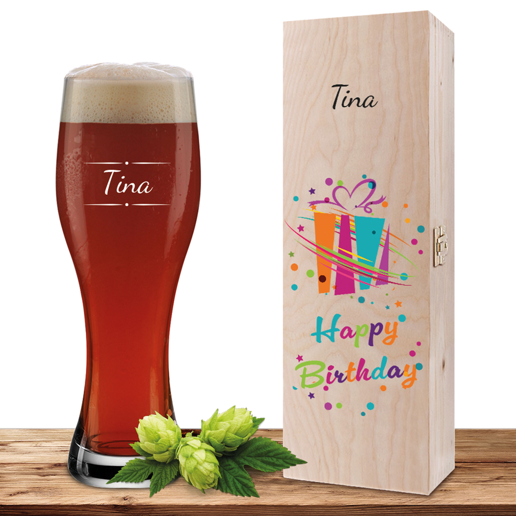 Produktbild von Personalisiertes Weizenglas-Holzkiste-Set mit Gravur und Bedruckung "Geschenk Verzierung 03"
