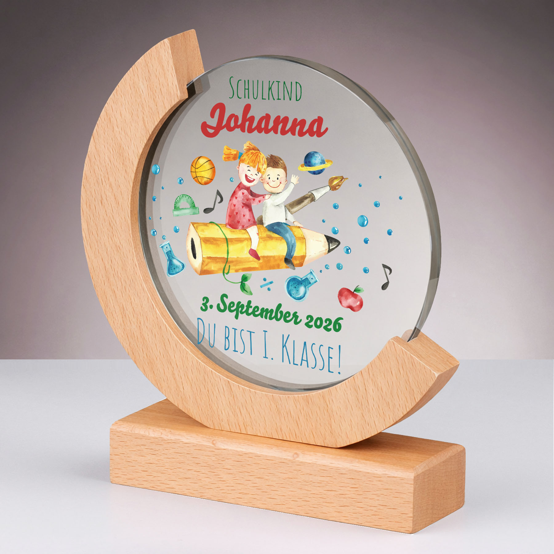Produktbild von Glastrophäe „Startklar – 1. Klasse“ (Buche)