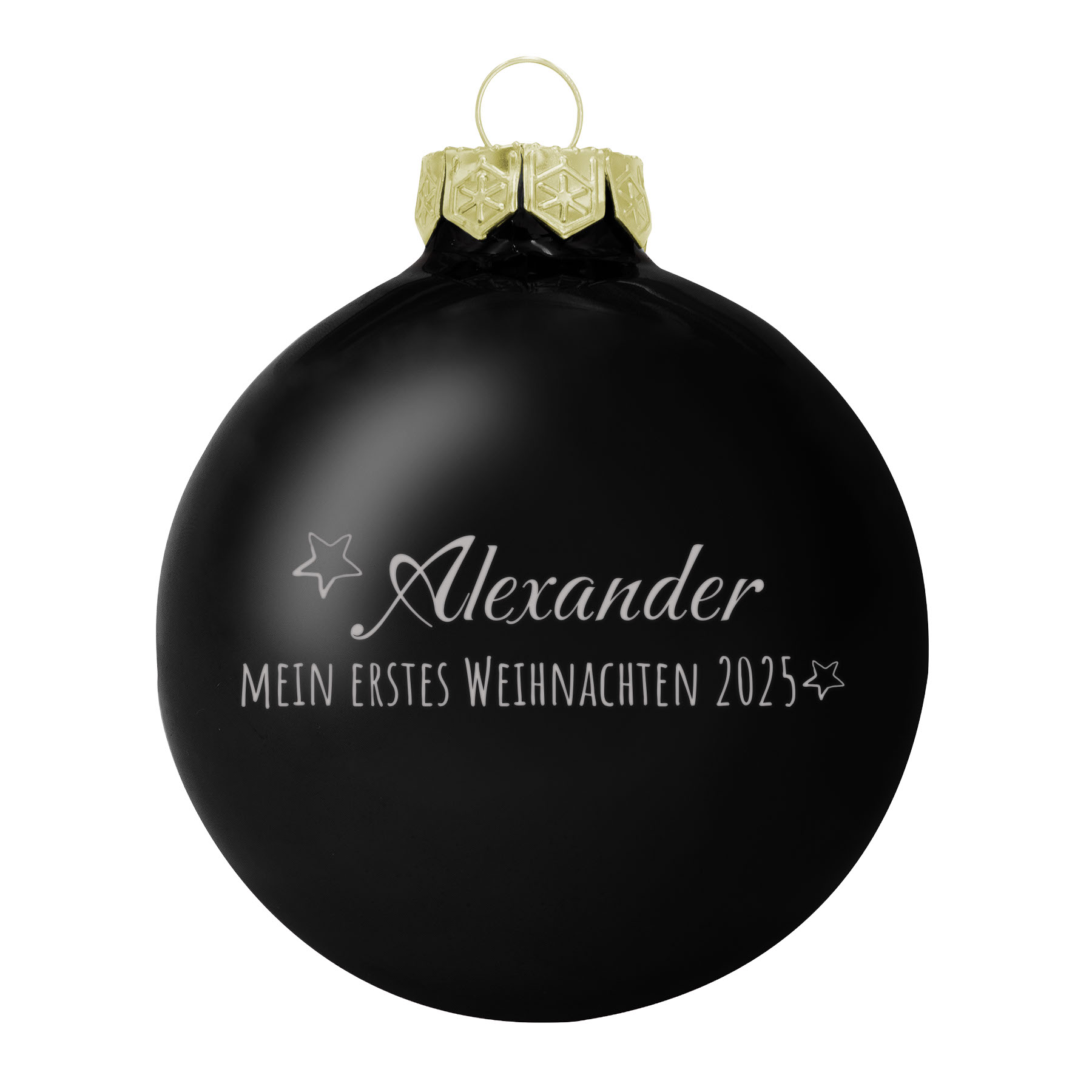Produktbild von Weihnachtsbaumkugel aus Glas (glänzend) inklusive Wunschtextgravur & Mein erstes Weihnachten mit Stern