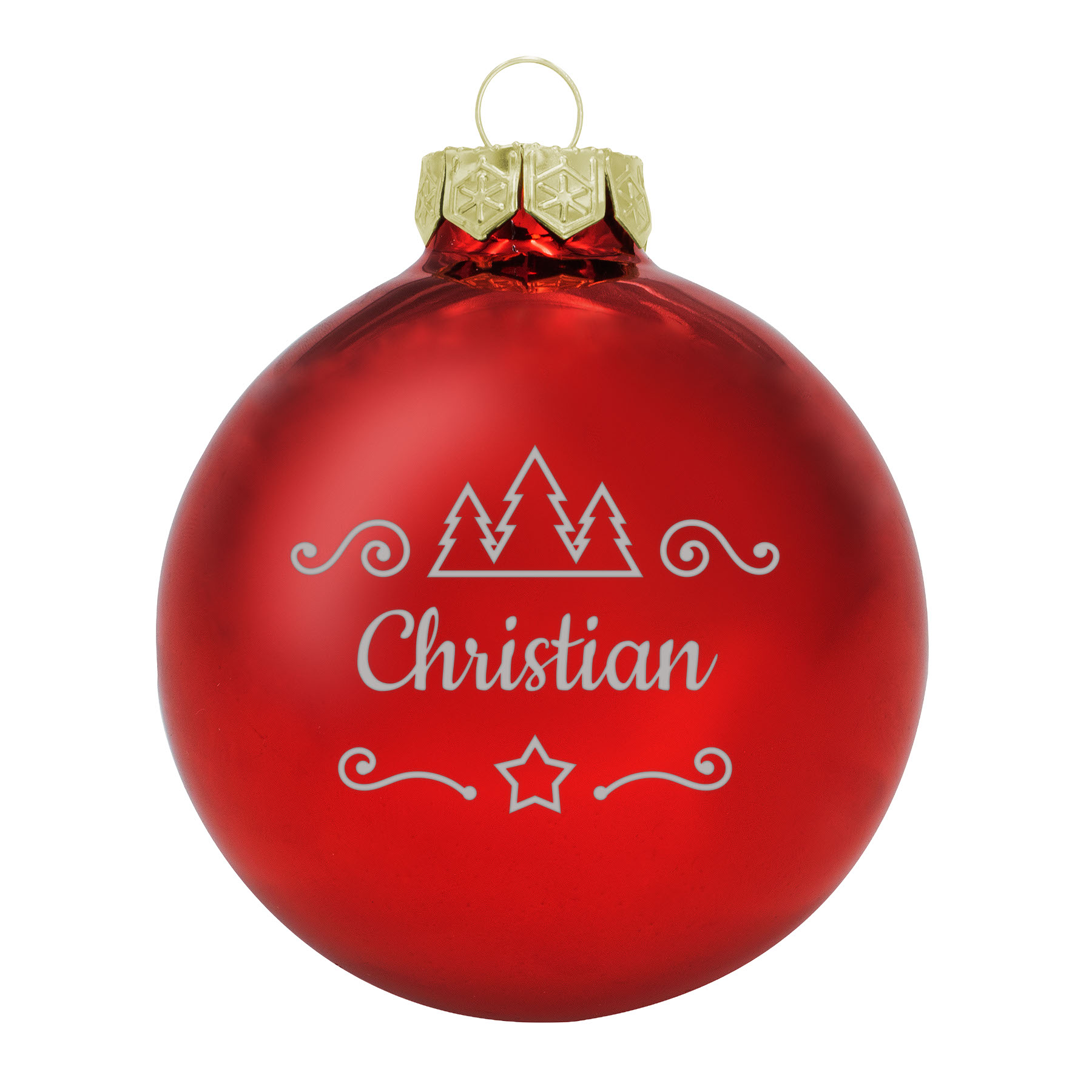 Produktbild von Weihnachtsbaumkugel aus Glas (glänzend) inklusive Wunschtextgravur & Tanne und Stern