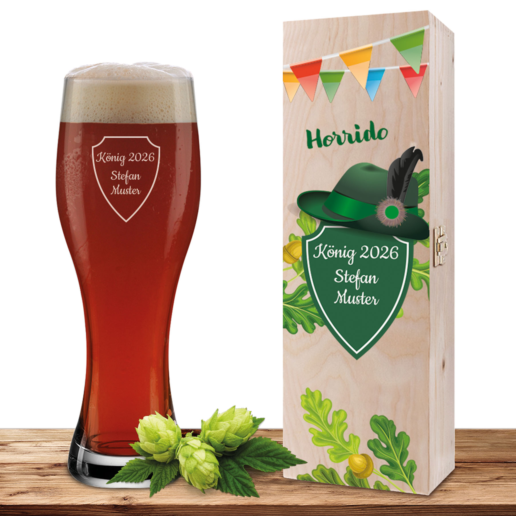 Produktbild von Personalisiertes Weizenglas-Holzkiste-Set mit Gravur und Bedruckung Schützenfest Hut