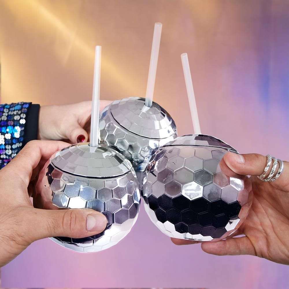 Produktbild von Disco Kugel Becher Set – 3er Set Trinkbecher mit Strohhalm