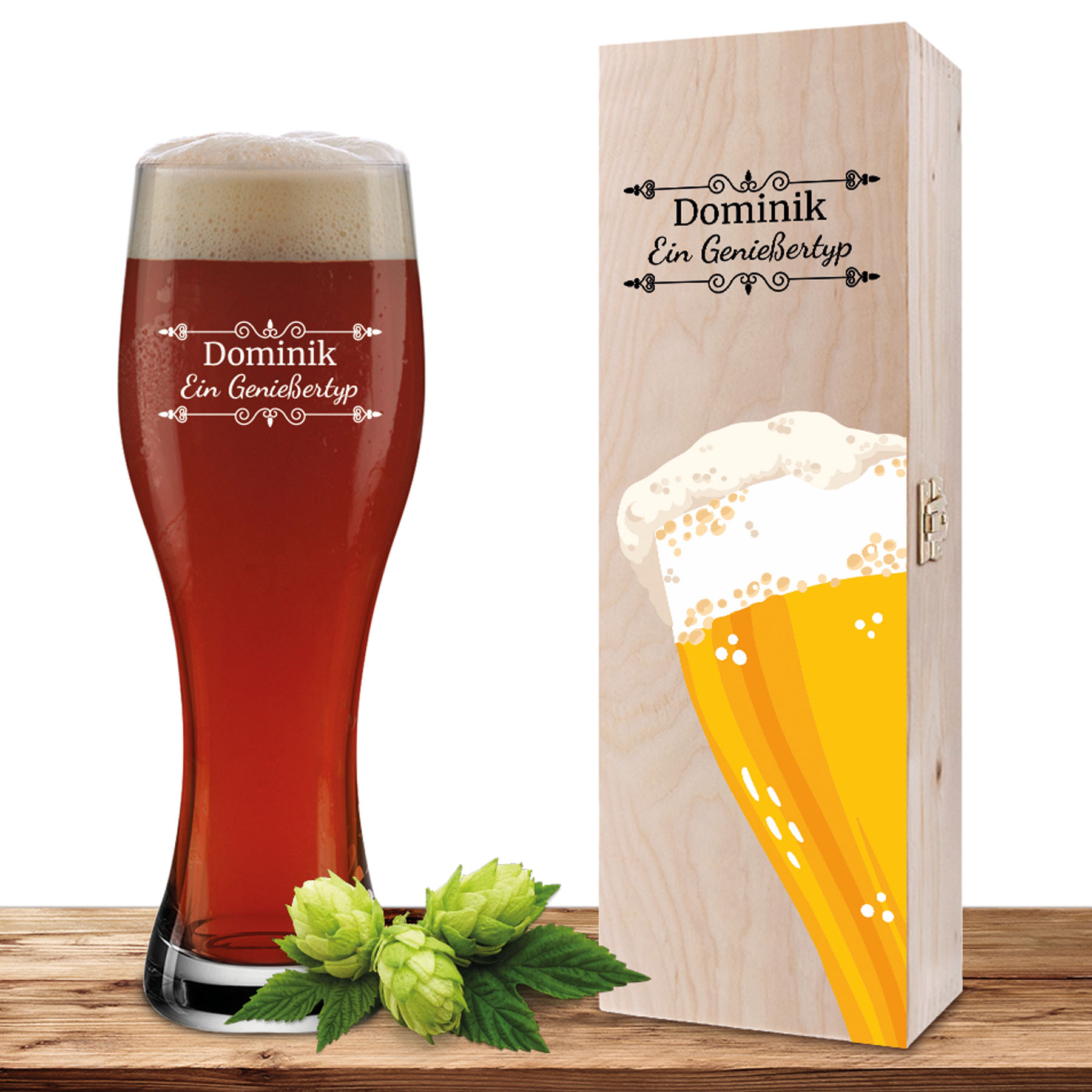 Produktbild von Personalisiertes Weizenglas-Holzkiste-Set mit Gravur und Bedruckung "Bier"