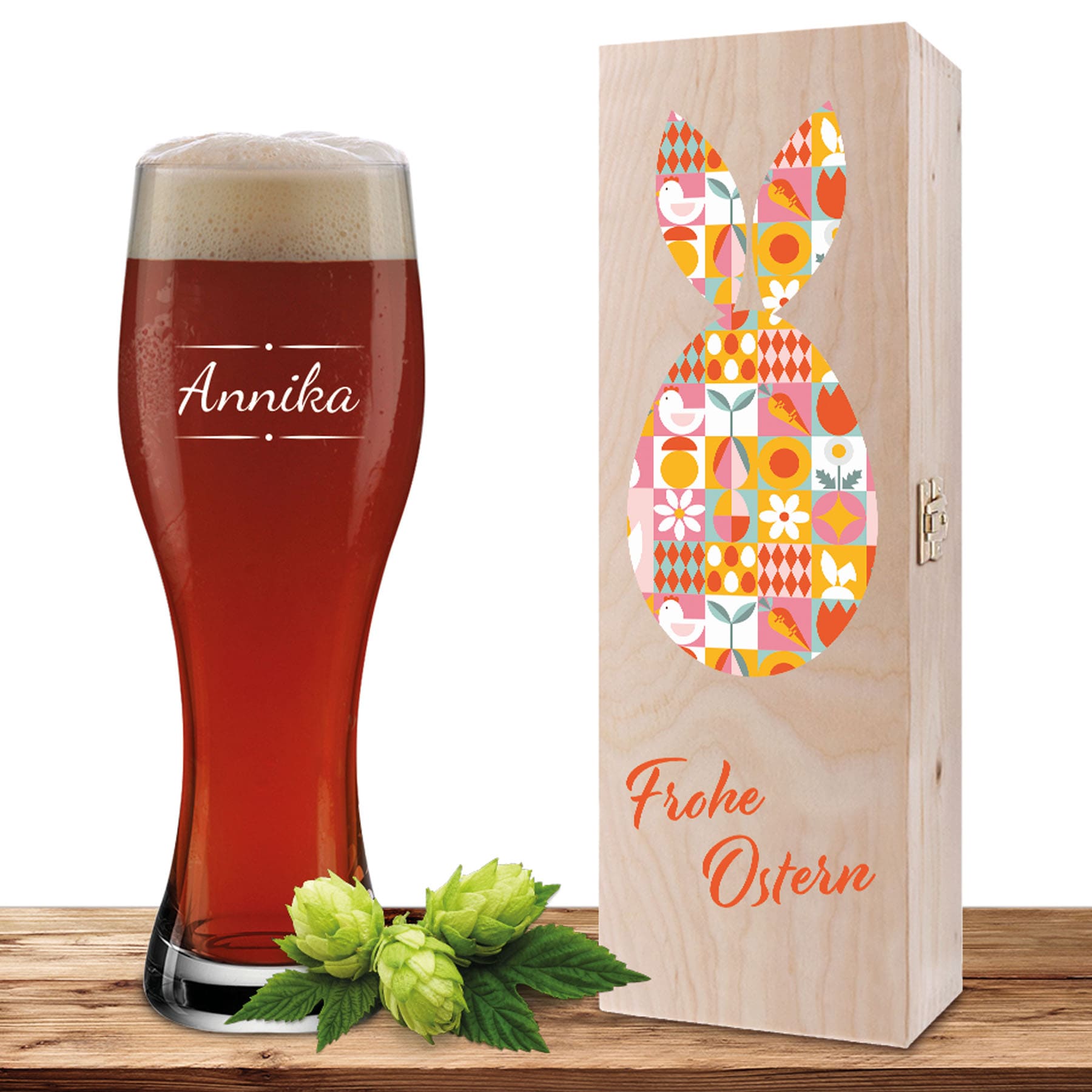 Produktbild von Personalisiertes Weizenglas-Holzkiste-Set mit Gravur und Bedruckung "Ostern Verzierung 03"