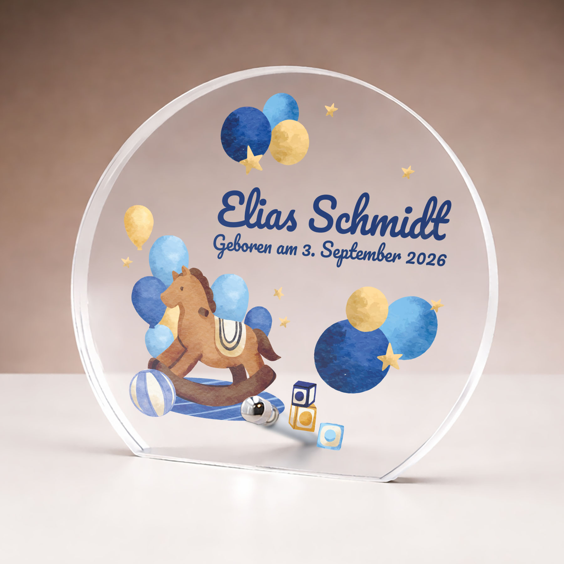 Produktbild von Glastrophäe „Zur Geburt unseres Babys“