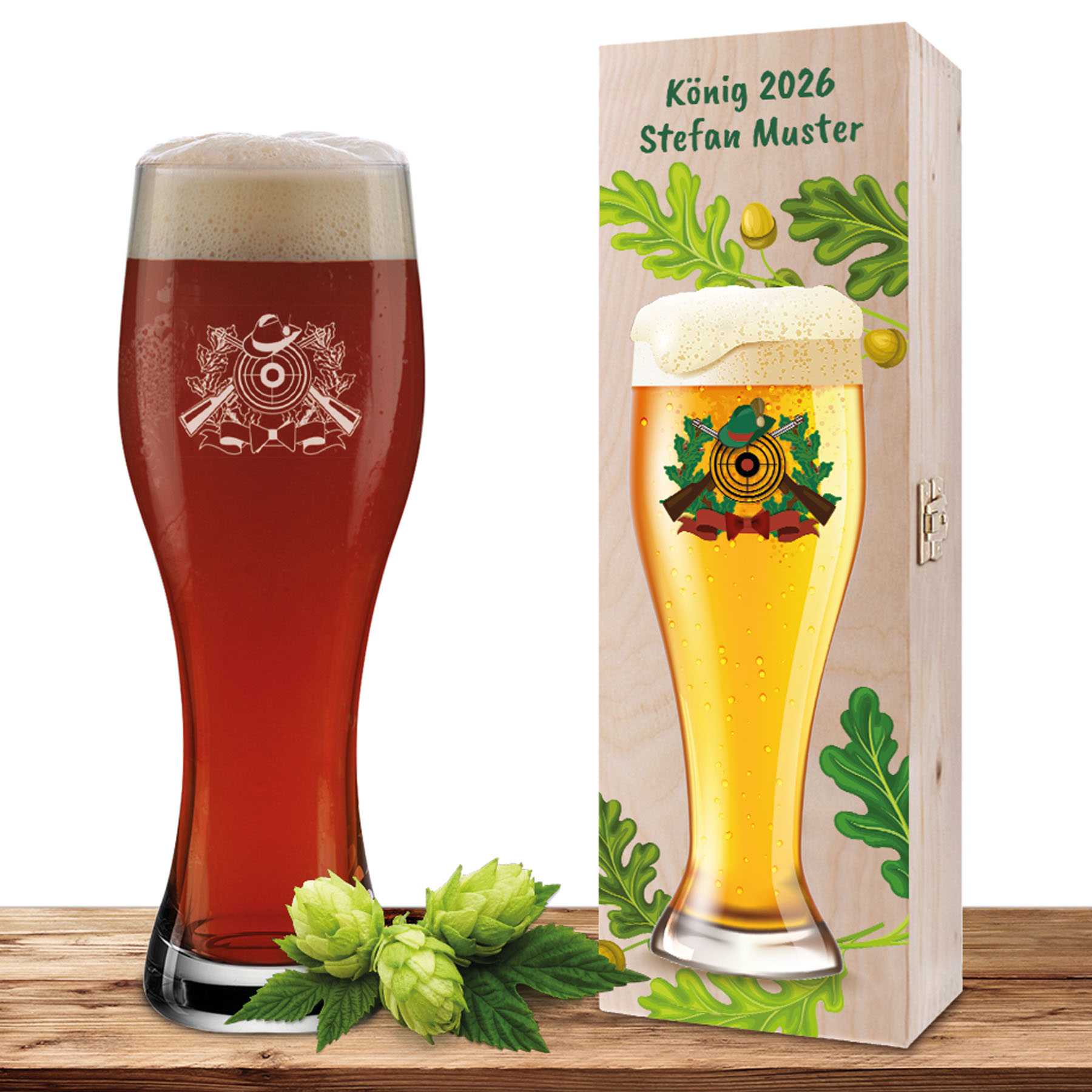 Produktbild von Personalisiertes Weizenglas-Holzkiste-Set mit Gravur und Bedruckung Schützenlogo