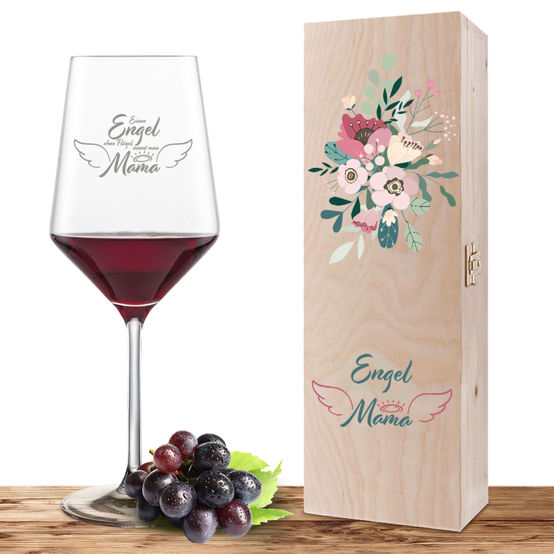 Produktbild von Weinglas-Holzkiste-Set Cabernet mit Gravur und Bedruckung "Engel Mama"