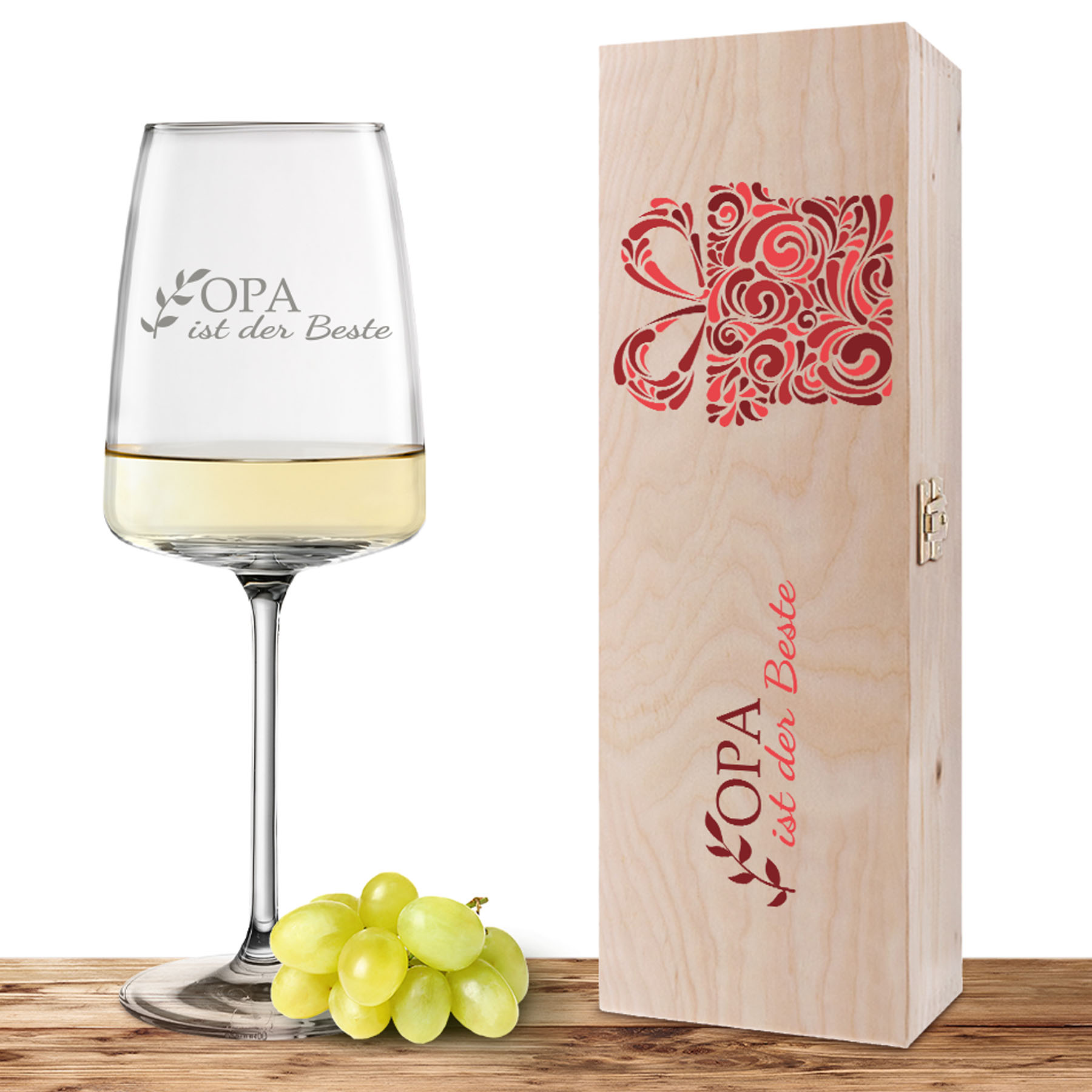 Produktbild von Weinglas-Holzkisten-Set VIVID SENSES 535ml mit Gravur und Bedruckung "Bester Opa"