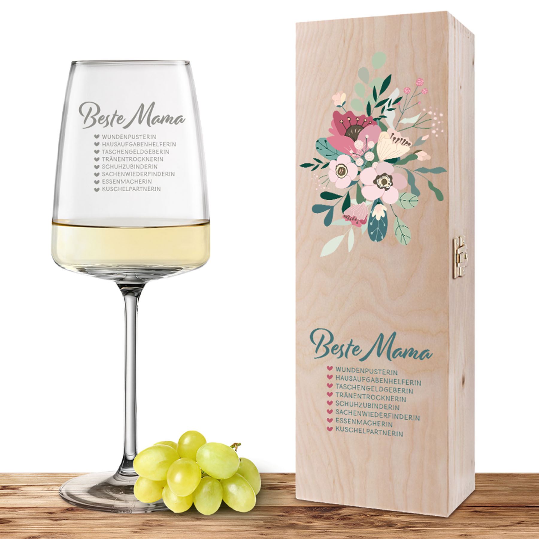 Produktbild von Weinglas-Holzkisten-Set VIVID SENSES 535ml mit Gravur und Bedruckung "Beste Mama Checkliste"