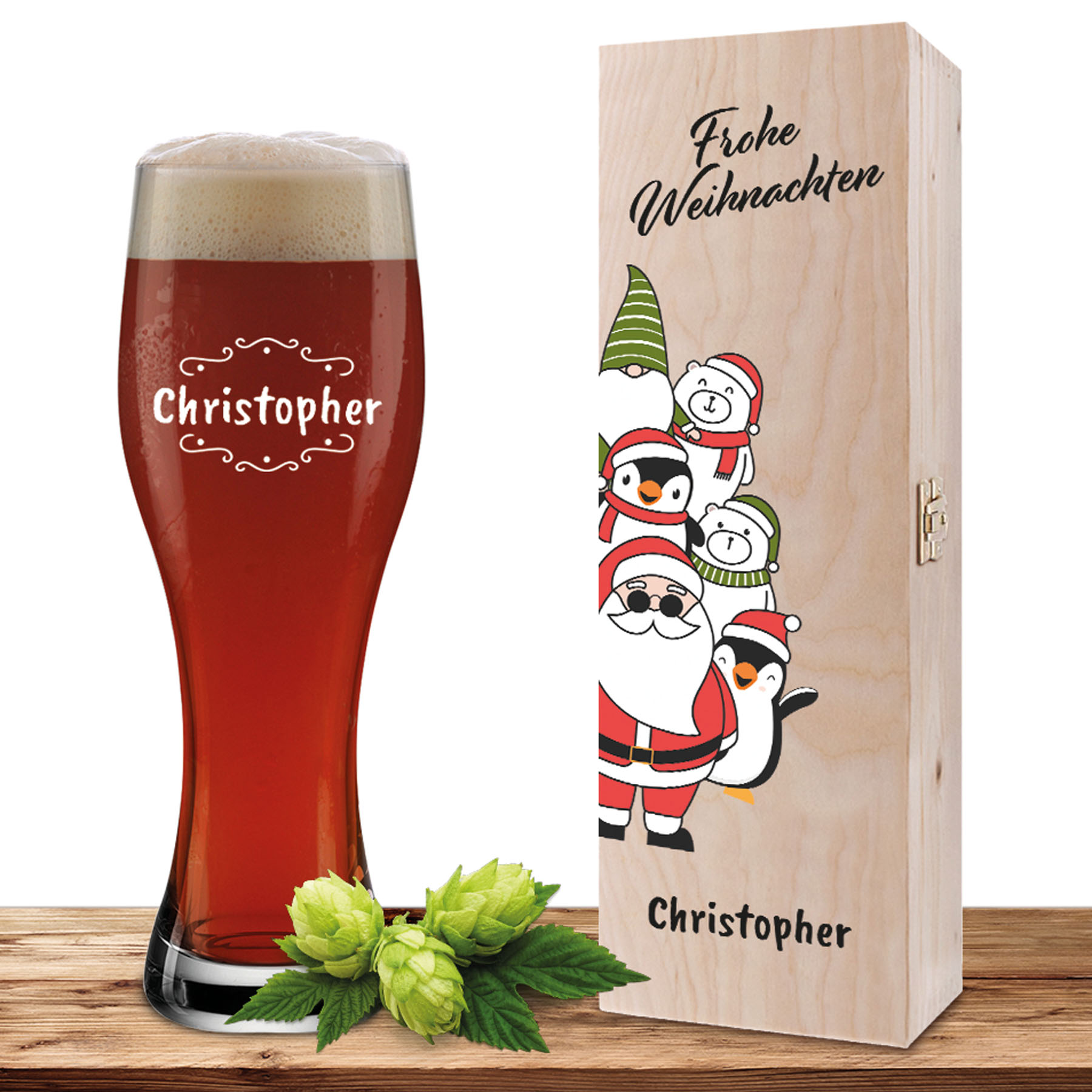 Produktbild von Personalisiertes Weizenglas-Holzkiste-Set mit Gravur und Bedruckung "Santa"