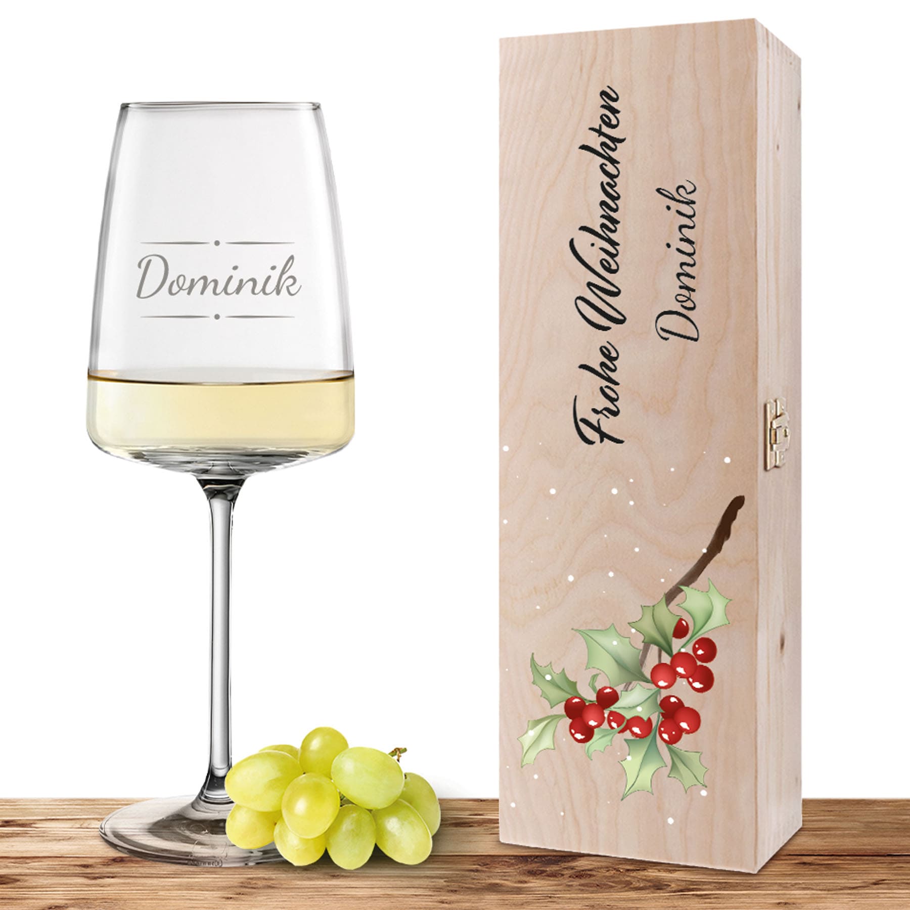 Produktbild von Personalisiertes Weinglas-Holzkiste-Set mit Gravur und Bedruckung "Santa"