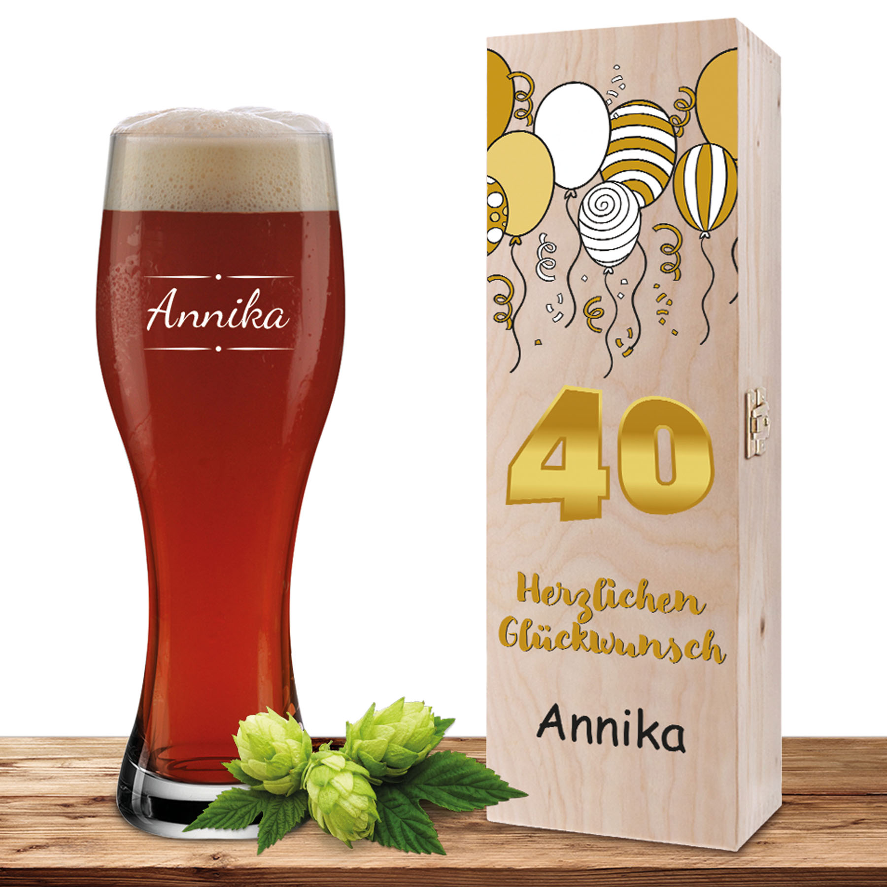Produktbild von Personalisiertes Weizenglas-Holzkiste-Set mit Gravur und Bedruckung "40"