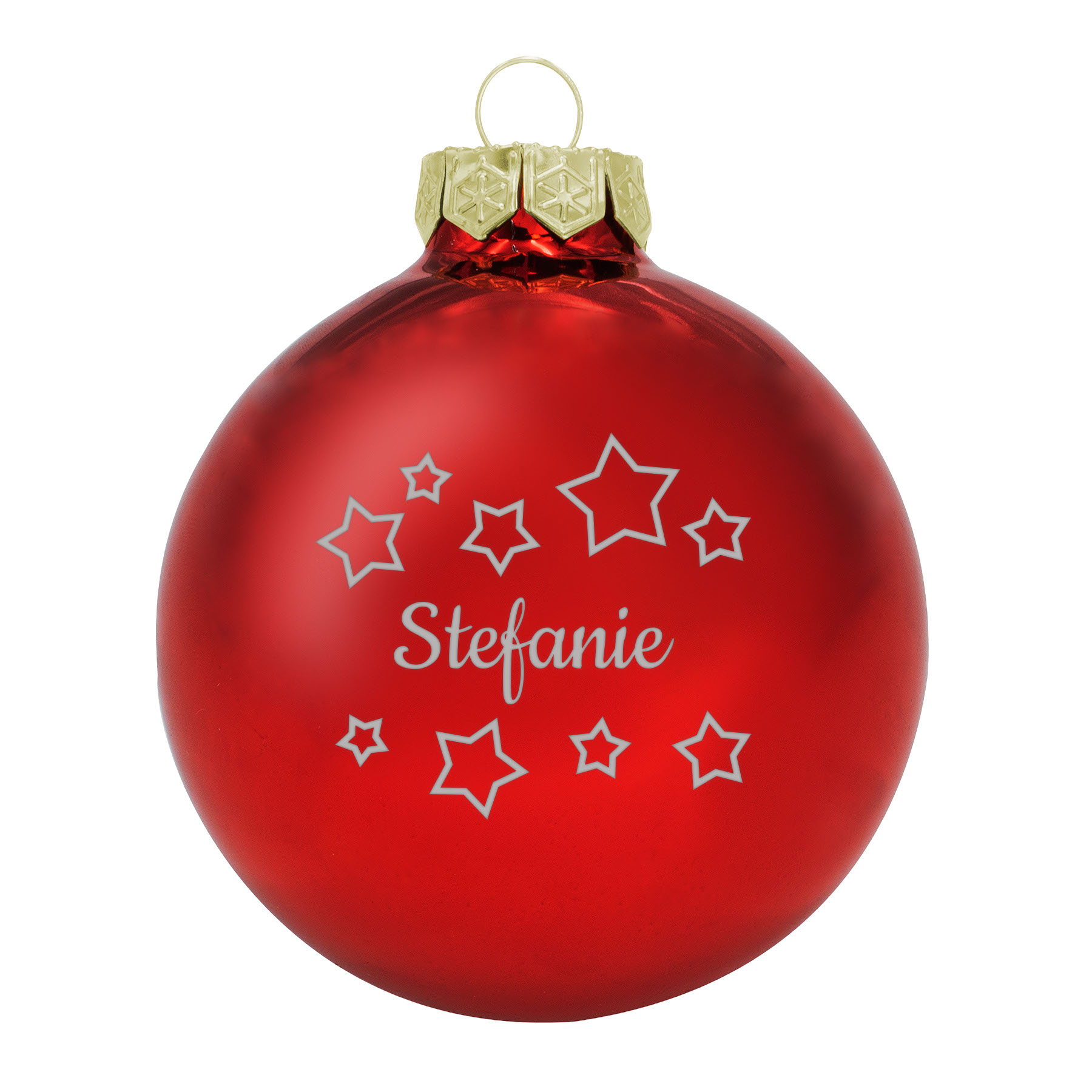 Produktbild von Weihnachtsbaumkugel aus Glas (glänzend) inklusive Wunschtextgravur & Sterne