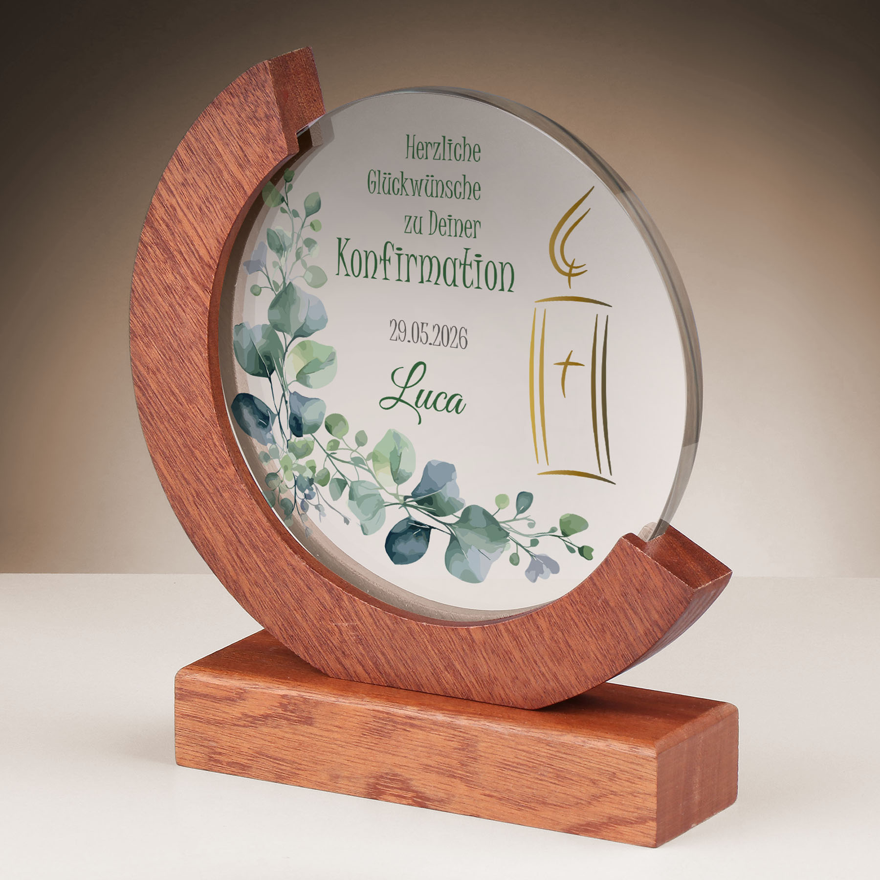 Produktbild von Glastrophäe „Zur Konfirmation“ (Mahagoni)