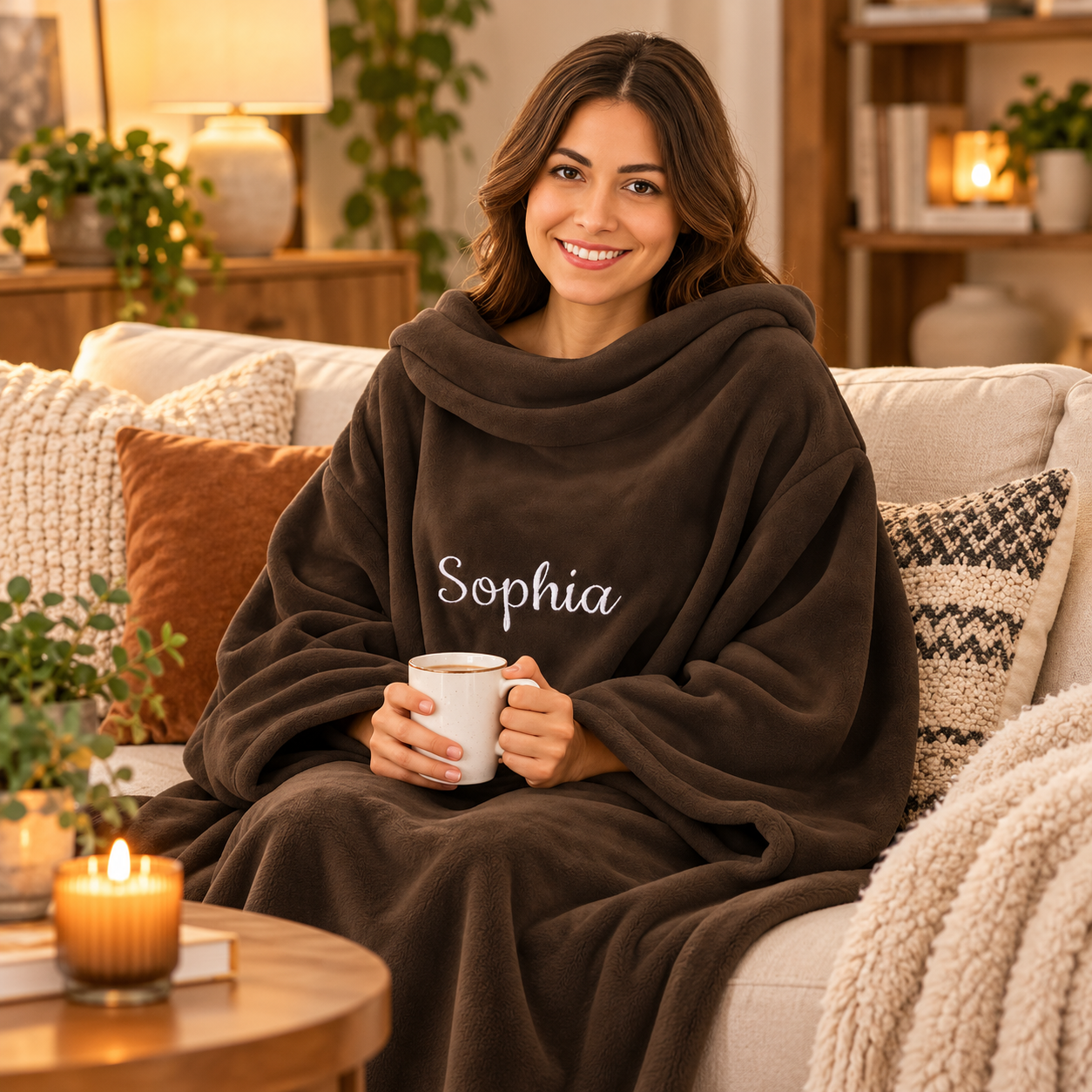 Produktbild von Premium Kuscheldecke mit Ärmeln mit Namen oder Wunschtext bestickt  - Ärmeldecke