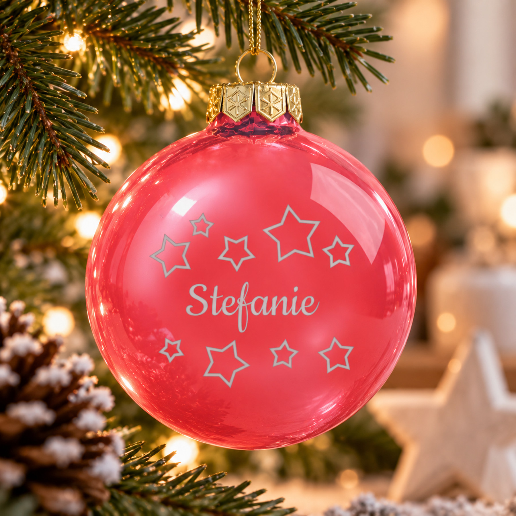 Produktbild von Weihnachtsbaumkugel aus Glas (glänzend) inklusive Wunschtextgravur & Sterne