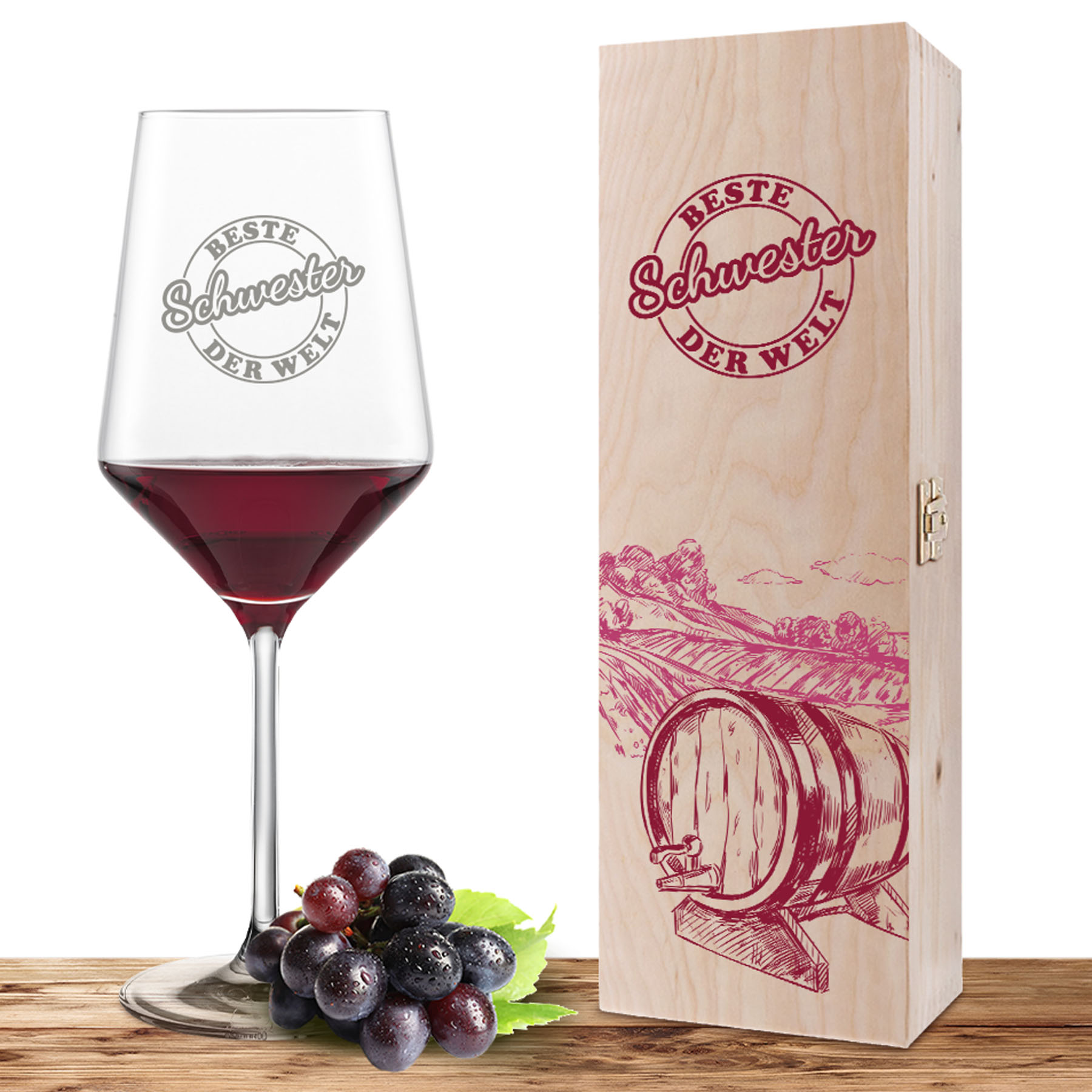 Produktbild von Weinglas-Holzkiste-Set Cabernet mit Gravur und Bedruckung "Beste Schwester"