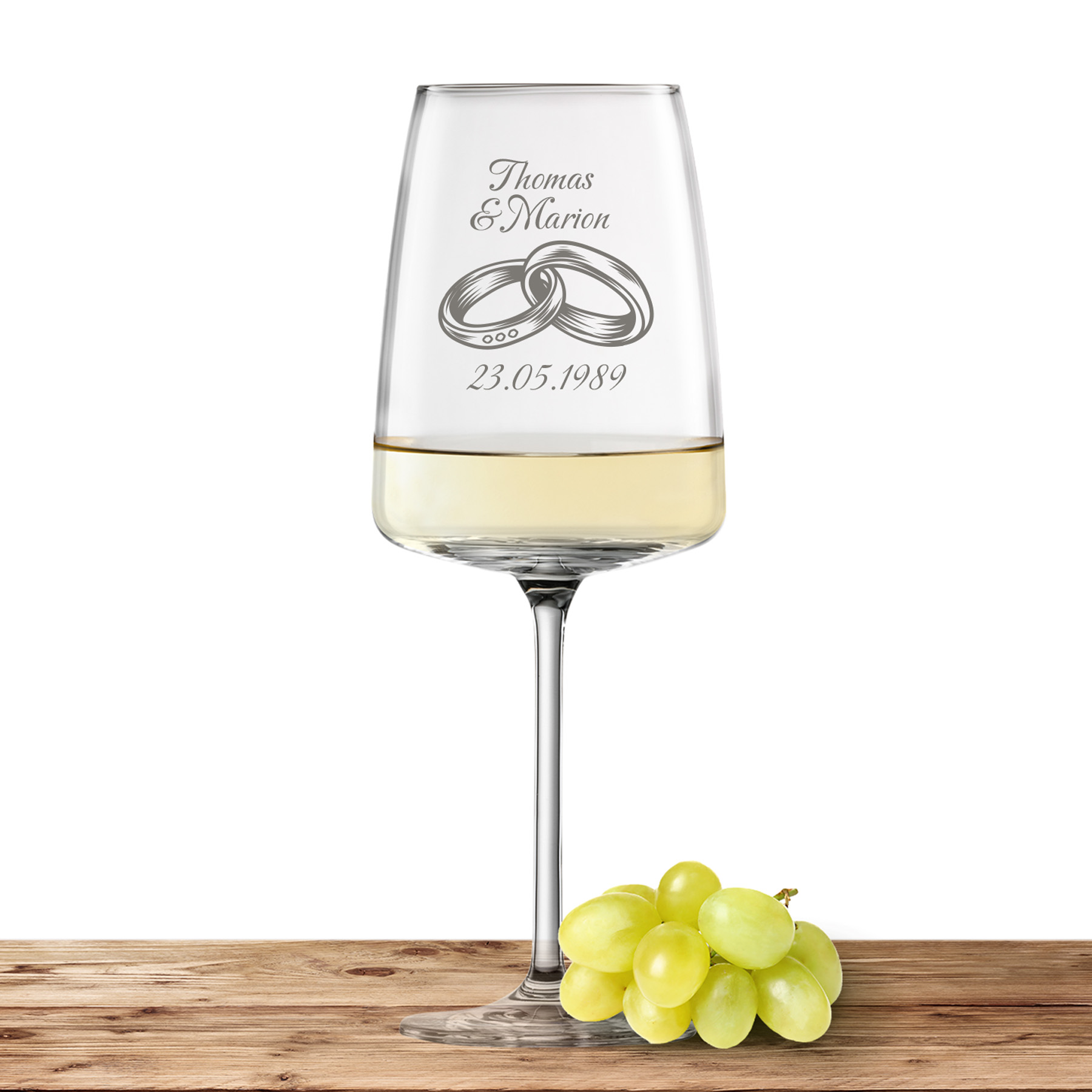Produktbild von Weinglas Zwiesel Glas Weißweinglas VIVID SENSES 535ml "Eheringe" mit Name oder Wunschtext