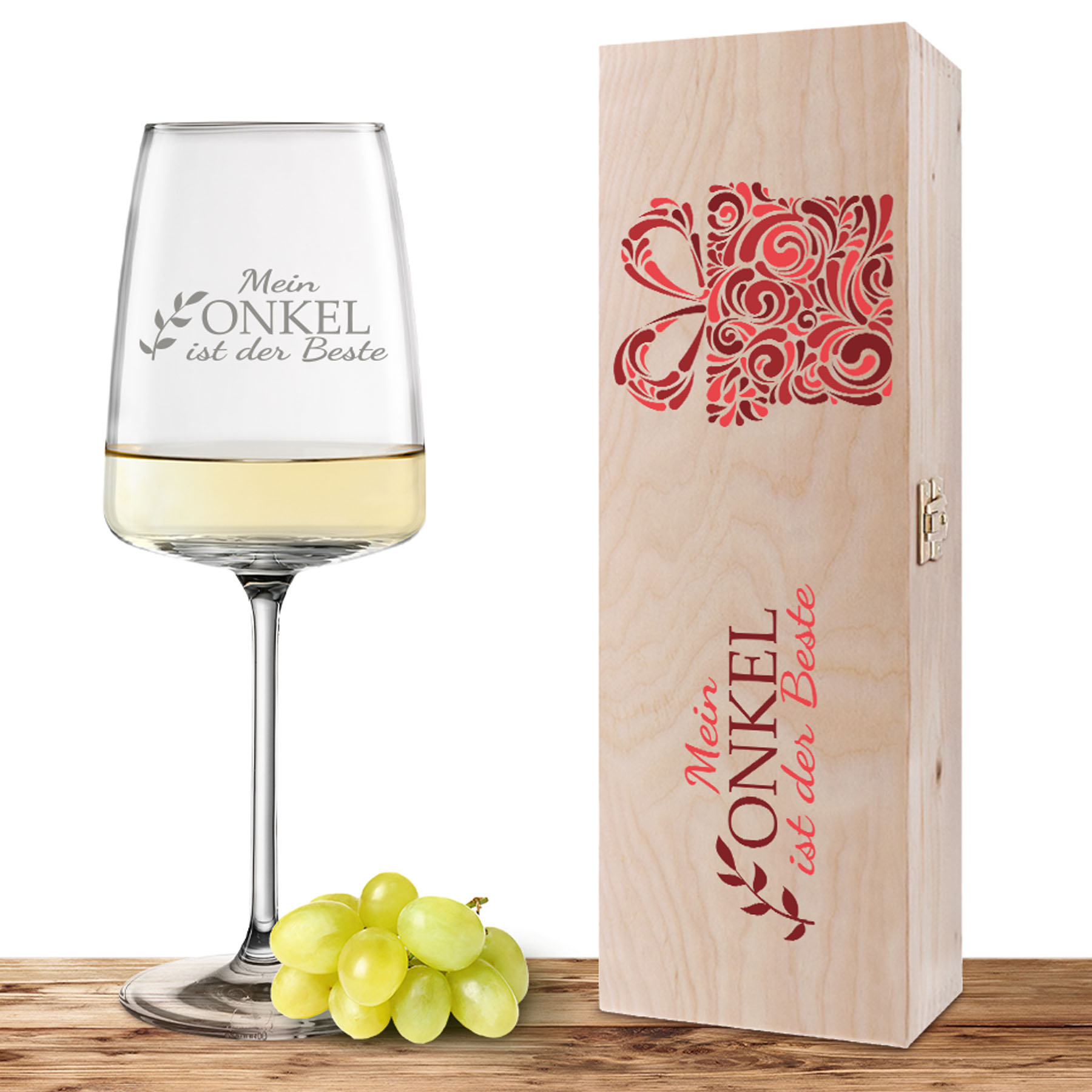 Produktbild von Weinglas-Holzkisten-Set VIVID SENSES 535ml mit Gravur und Bedruckung "Bester Onkel"