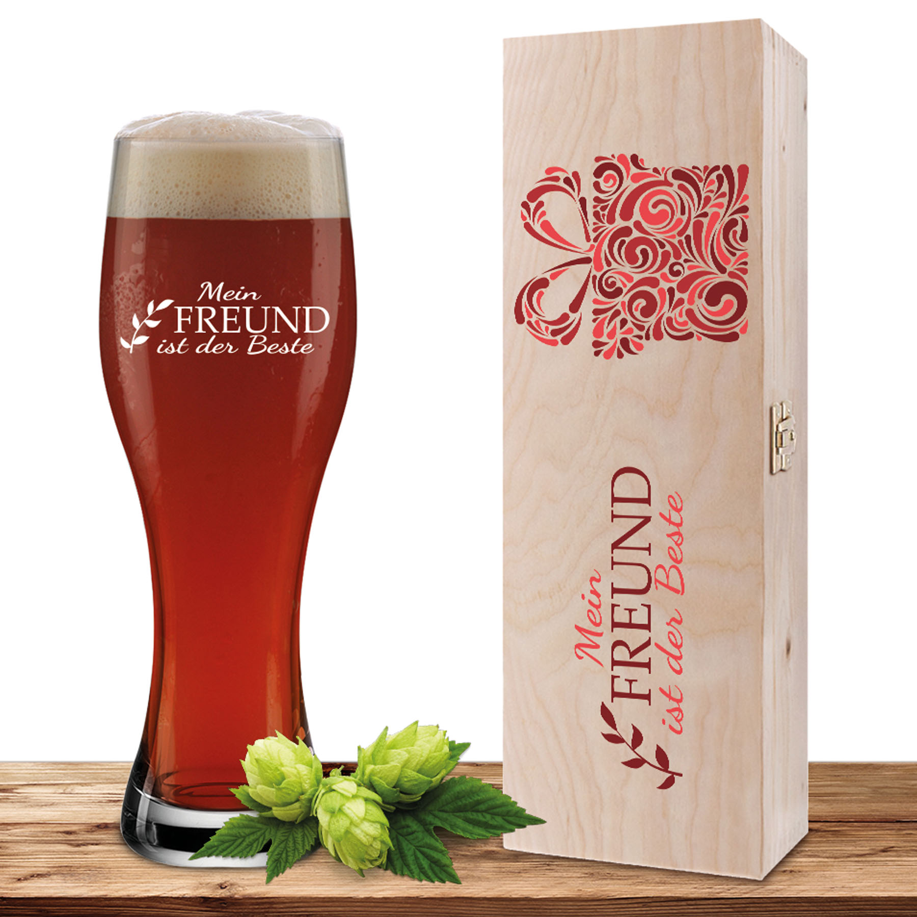 Produktbild von Weizenglas-Holzkiste-Set mit Gravur und Bedruckung "Bester Freund"