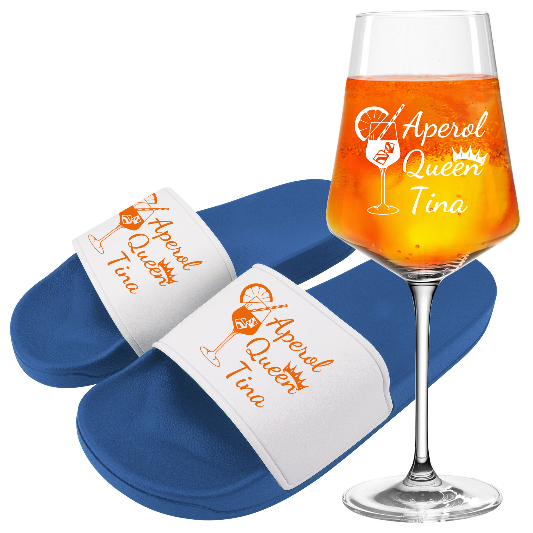 Produktbild von Badelatschen und Leonardo Aperolglas PUCCINI 560ml "Aperol Queen" mit Namen oder Wunschtext