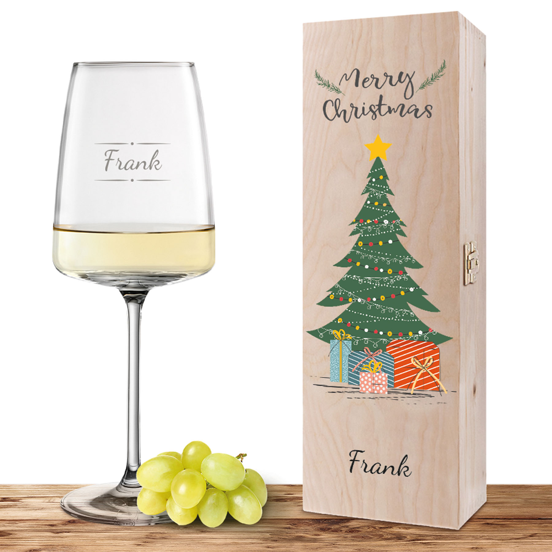 Produktbild von Personalisiertes Weinglas-Holzkiste-Set mit Gravur und Bedruckung "Weihnachtsbaum"