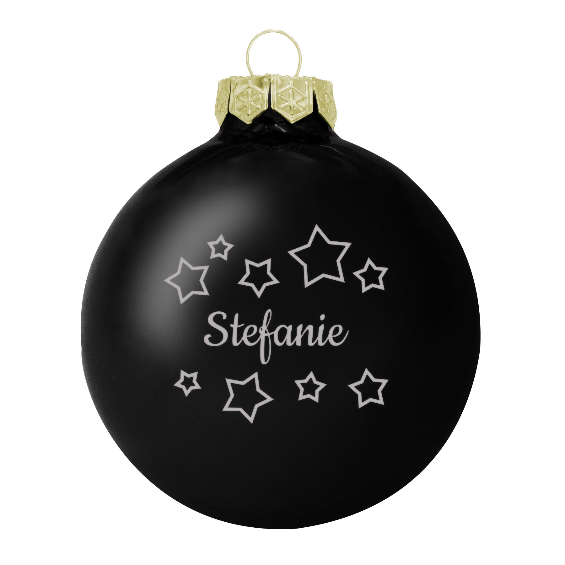 Produktbild von Weihnachtsbaumkugel aus Glas (glänzend) inklusive Wunschtextgravur & Sterne