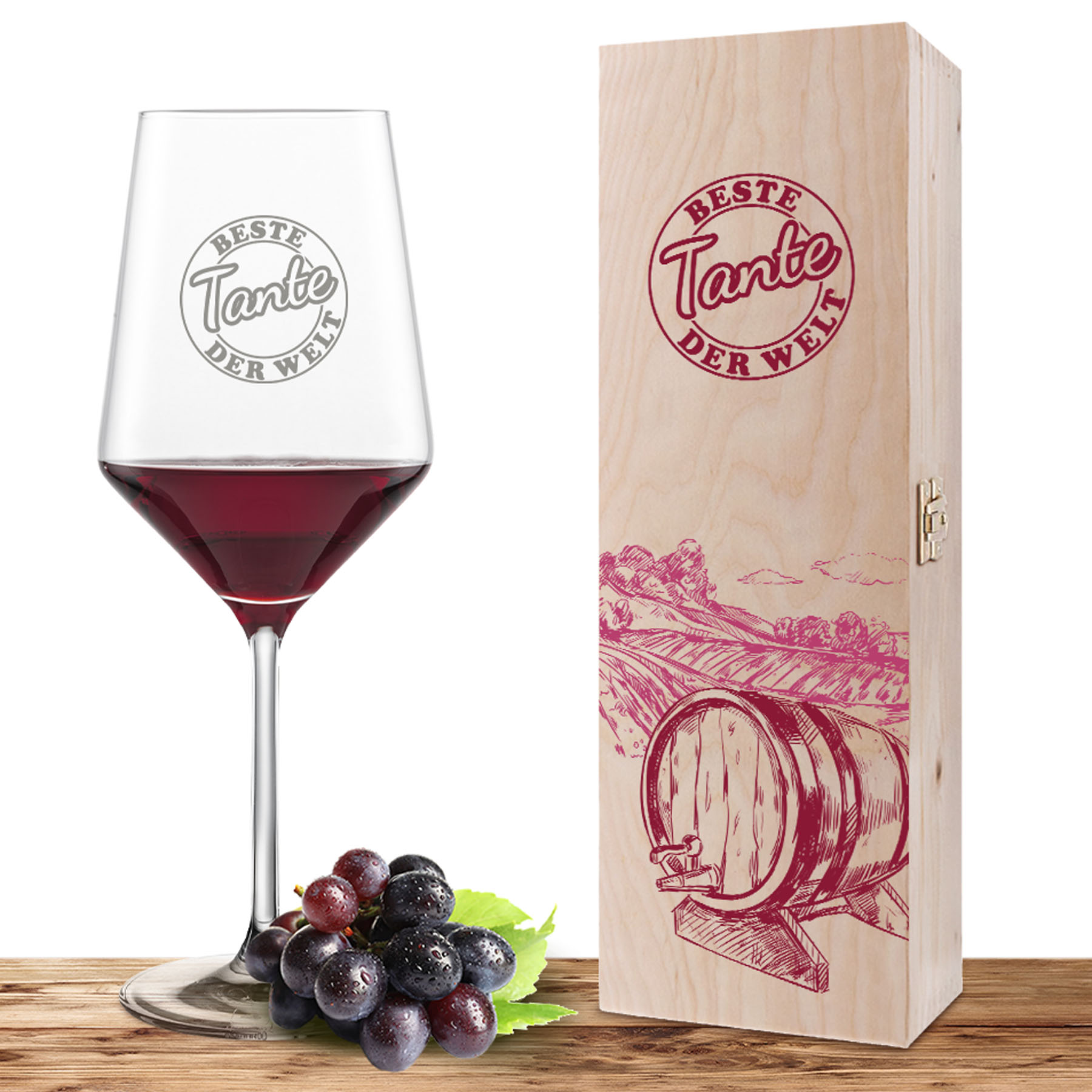 Produktbild von Weinglas-Holzkiste-Set Cabernet mit Gravur und Bedruckung "Beste Tante"